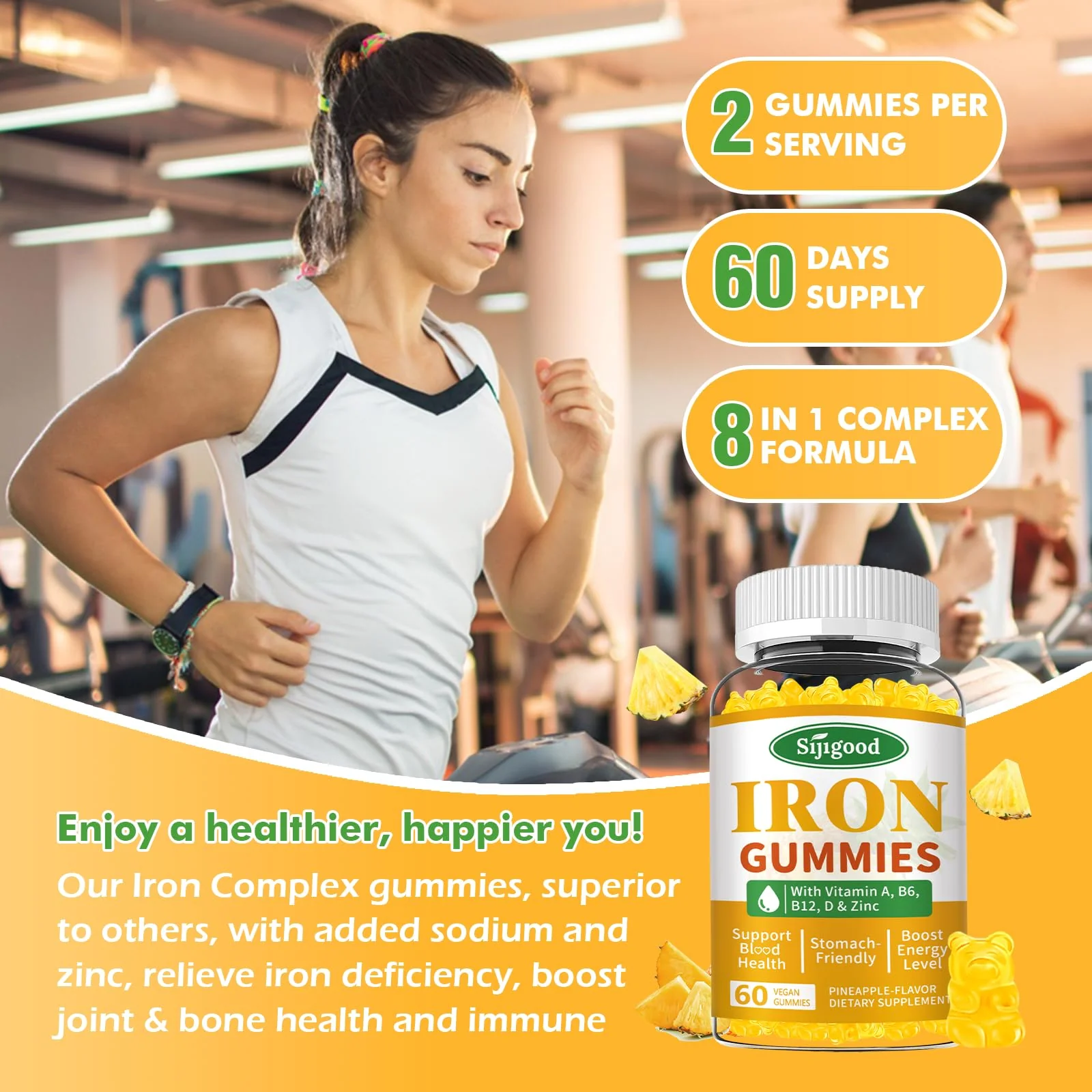 2 Pack Iron Gummies for Women & Men - Vegan Iron Supplement for Anemia & Iron Deficiency, with Vitamin B12, Vitamin C, Zinc, Folate - Energy Boost, Sugar-Free, Pineapple Flavor, 120 Count - Image 2