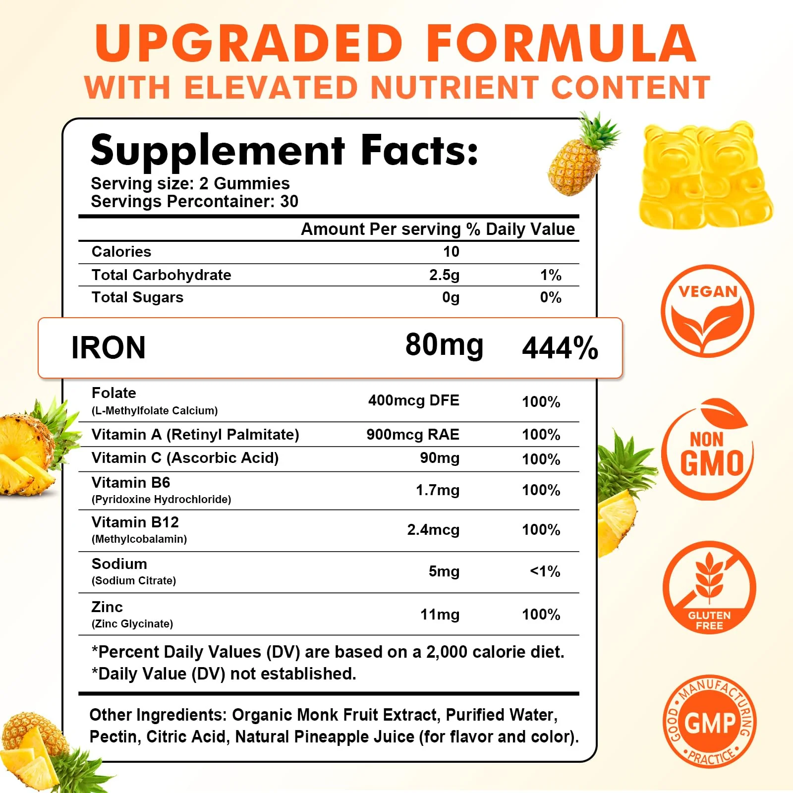 2 Pack Iron Gummies for Women & Men - Vegan Iron Supplement for Anemia & Iron Deficiency, with Vitamin B12, Vitamin C, Zinc, Folate - Energy Boost, Sugar-Free, Pineapple Flavor, 120 Count - Image 3