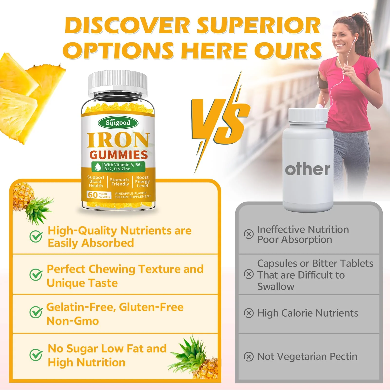 2 Pack Iron Gummies for Women & Men - Vegan Iron Supplement for Anemia & Iron Deficiency, with Vitamin B12, Vitamin C, Zinc, Folate - Energy Boost, Sugar-Free, Pineapple Flavor, 120 Count - Image 4