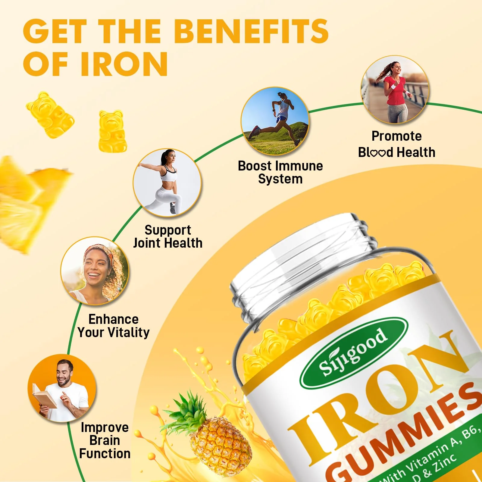2 Pack Iron Gummies for Women & Men - Vegan Iron Supplement for Anemia & Iron Deficiency, with Vitamin B12, Vitamin C, Zinc, Folate - Energy Boost, Sugar-Free, Pineapple Flavor, 120 Count - Image 6
