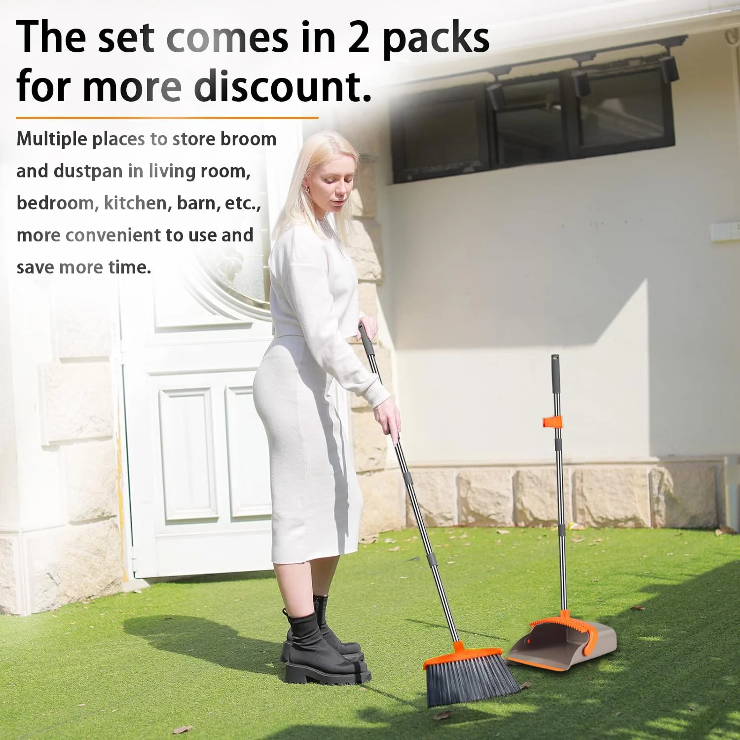 2-Pack is More economical,Upgraded Broom and Dustpan,with 52" Long Handle, Dustpan Teeth with self-Cleaning Function, Indoor and Outdoor Sweeping, Perfect for Home Office (Large Size/Orange /2-Pack) - Image 2