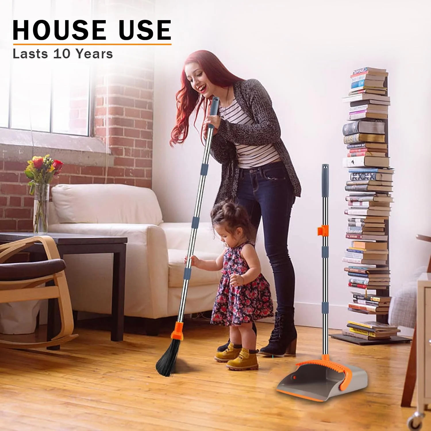 2-Pack is More economical,Upgraded Broom and Dustpan,with 52" Long Handle, Dustpan Teeth with self-Cleaning Function, Indoor and Outdoor Sweeping, Perfect for Home Office (Large Size/Orange /2-Pack) - Image 3
