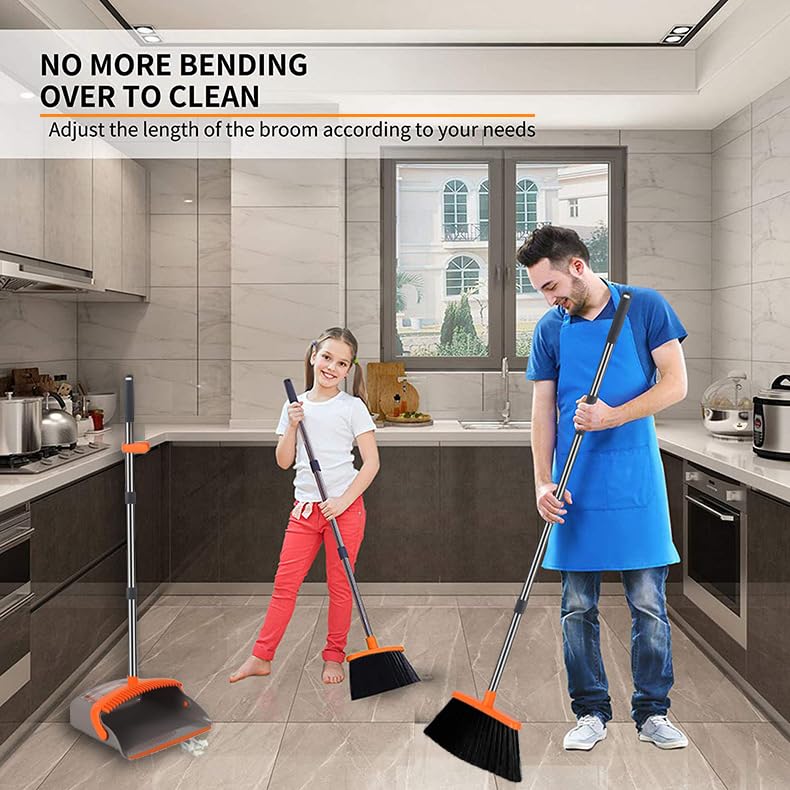 2-Pack is More economical,Upgraded Broom and Dustpan,with 52" Long Handle, Dustpan Teeth with self-Cleaning Function, Indoor and Outdoor Sweeping, Perfect for Home Office (Large Size/Orange /2-Pack) - Image 4