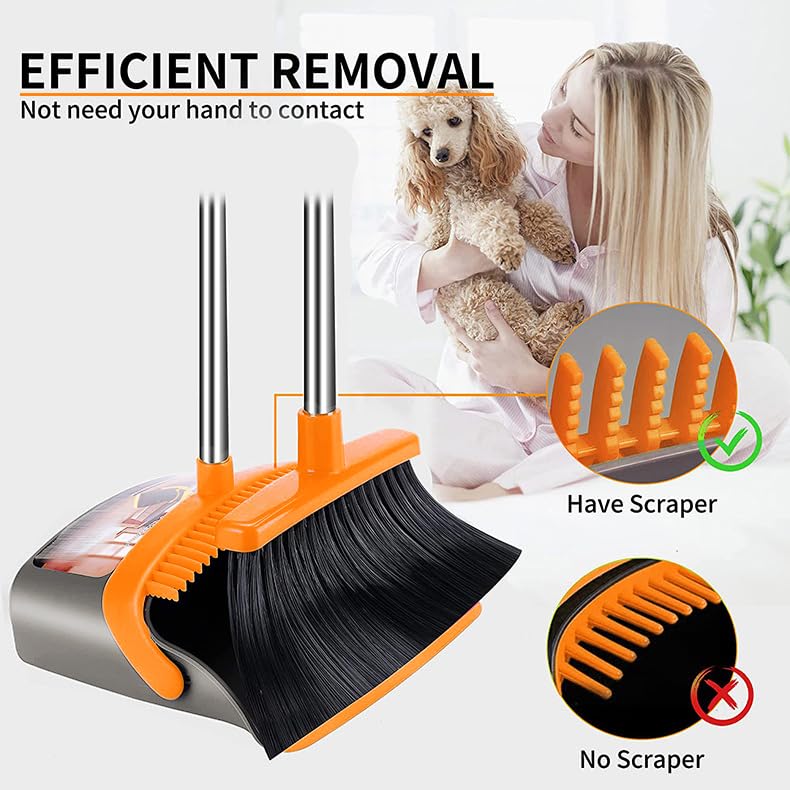 2-Pack is More economical,Upgraded Broom and Dustpan,with 52" Long Handle, Dustpan Teeth with self-Cleaning Function, Indoor and Outdoor Sweeping, Perfect for Home Office (Large Size/Orange /2-Pack) - Image 5
