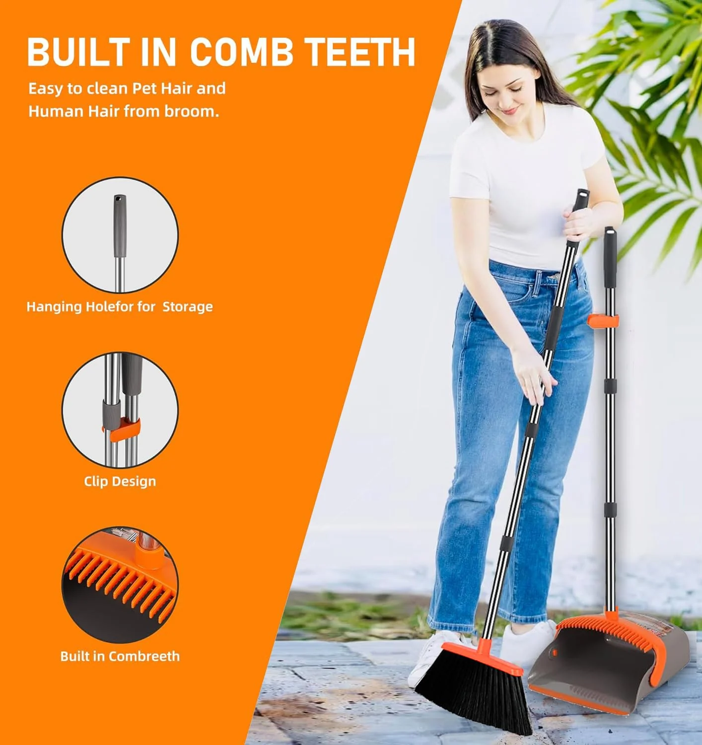 2-Pack is More economical,Upgraded Broom and Dustpan,with 52" Long Handle, Dustpan Teeth with self-Cleaning Function, Indoor and Outdoor Sweeping, Perfect for Home Office (Large Size/Orange /2-Pack) - Image 6