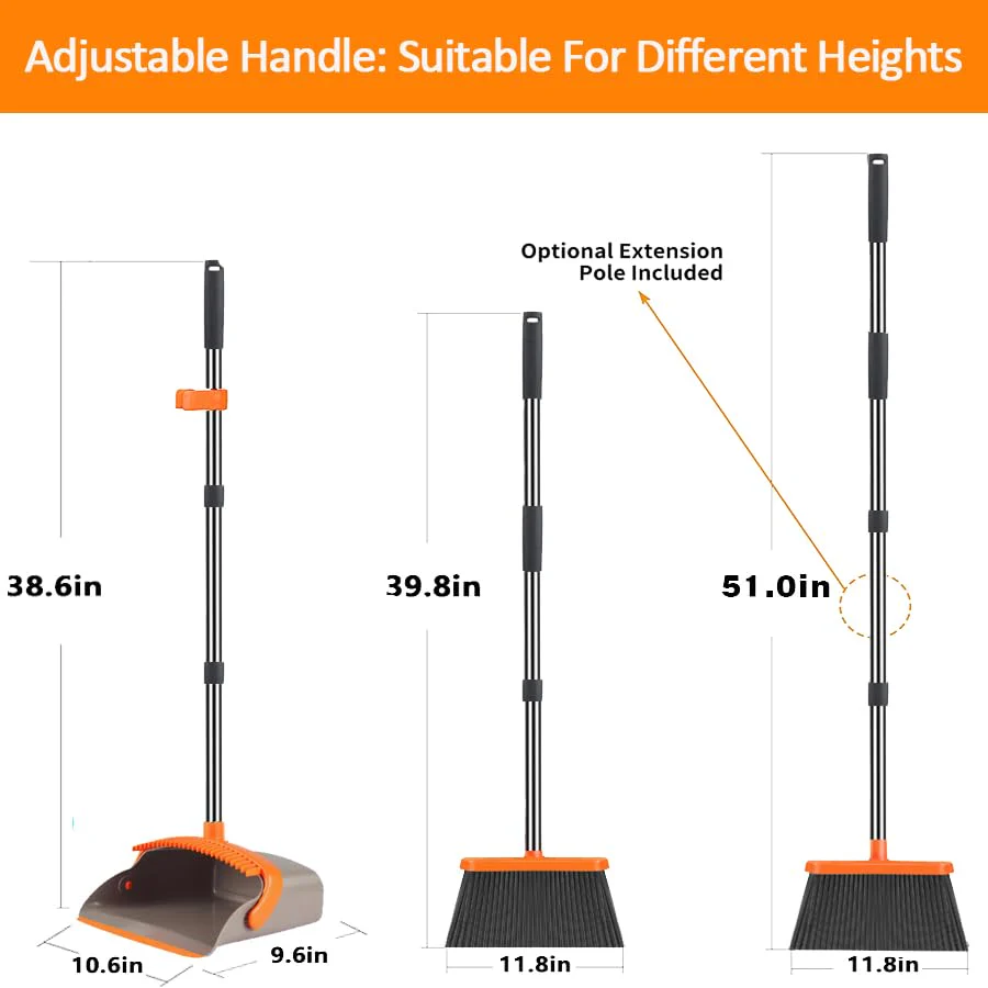 2-Pack is More economical,Upgraded Broom and Dustpan,with 52" Long Handle, Dustpan Teeth with self-Cleaning Function, Indoor and Outdoor Sweeping, Perfect for Home Office (Large Size/Orange /2-Pack) - Image 7