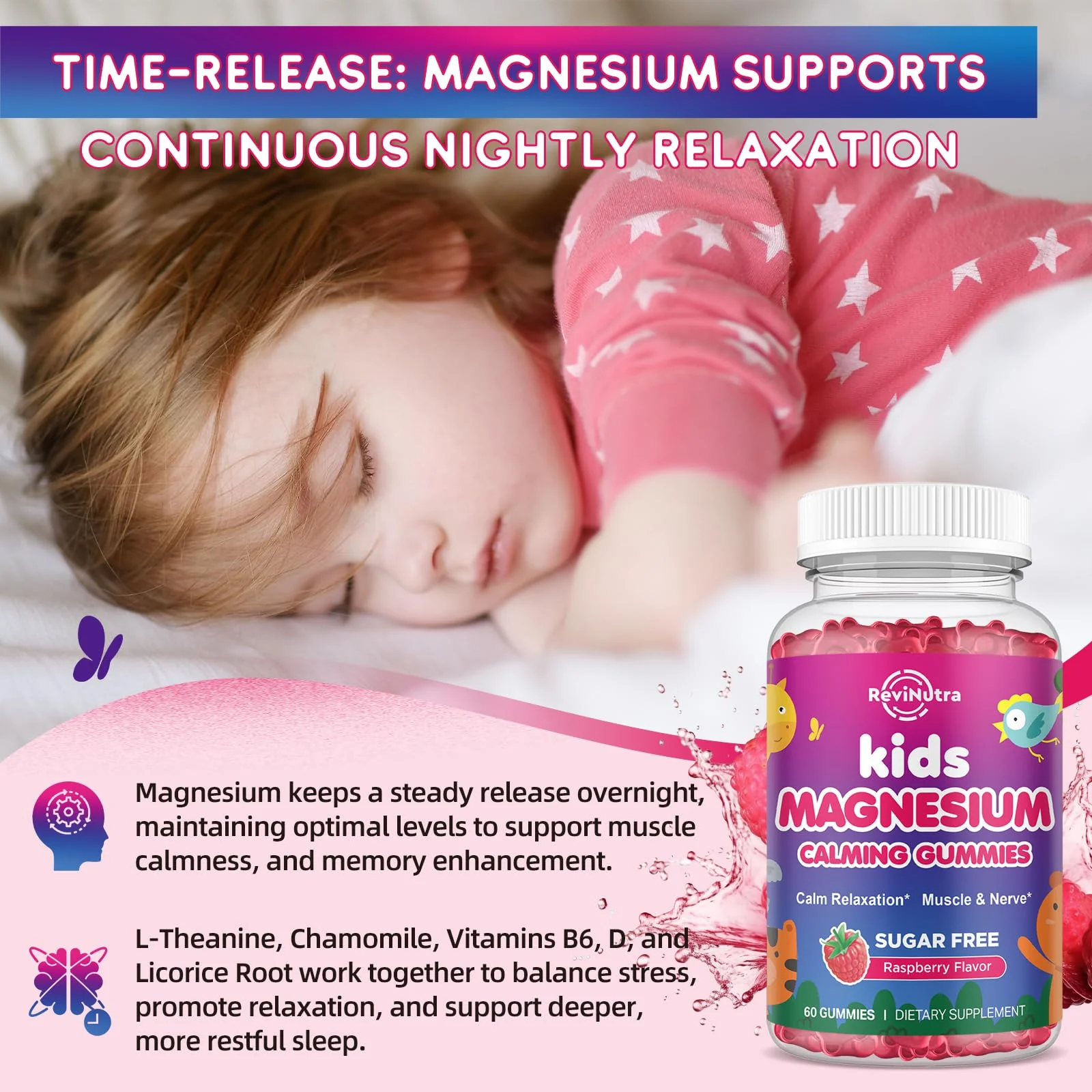 2 Pack Kids Magnesium Gummies, Magnesium Glycinate Gummies for Kids & Adults with L-Theanine, Chamomile, Vitamin D, B6 for Sleep, Relaxation, Brain & Muscle, Sugar Free Raspberry - Image 4