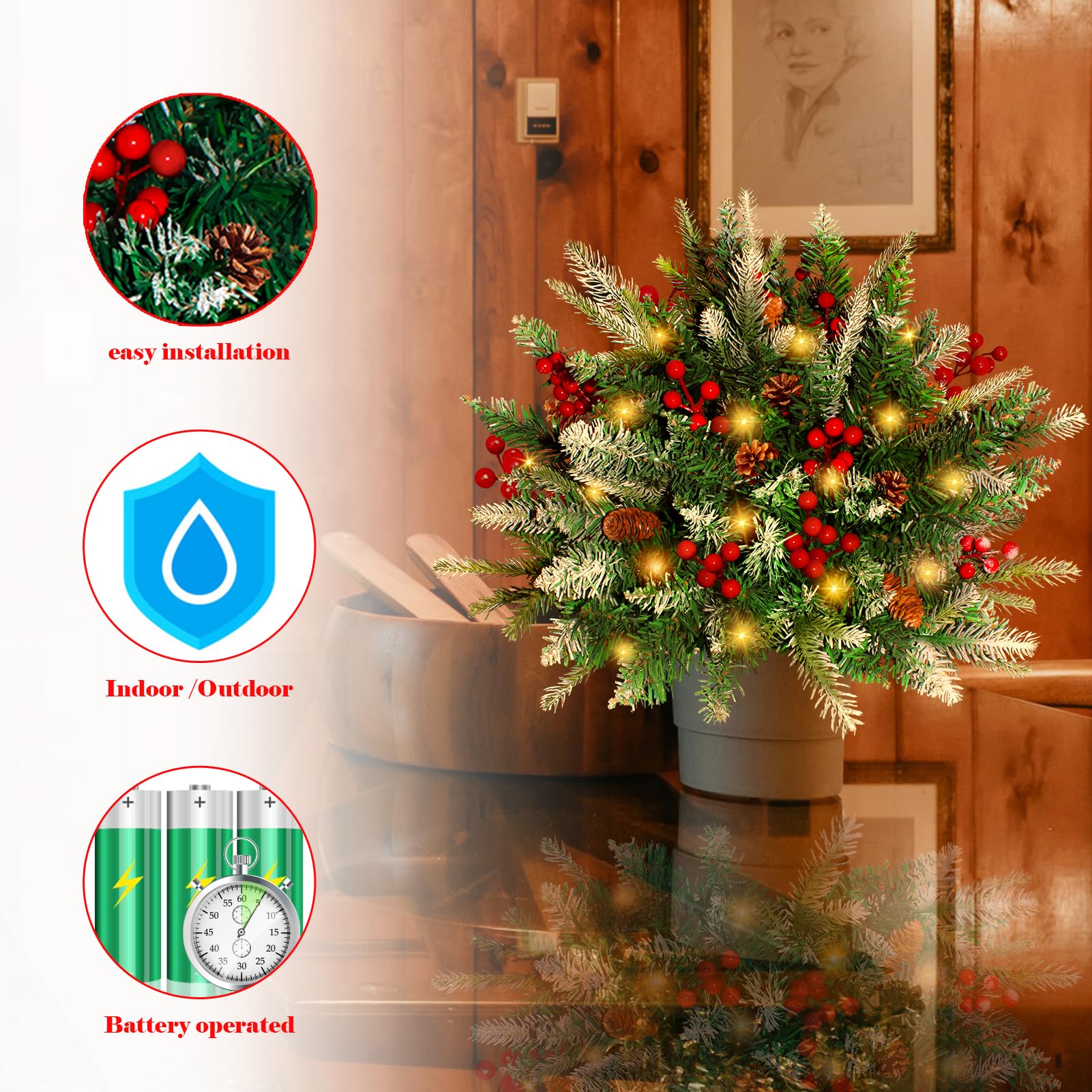 2 Pack Lighted Artificial Christmas Urn Filler, Battery Operated Pre-lit Xmas Pine Trees, Tripod Stake and 60 LED Lights, Holiday Porch Decorations for Porch, Yard, Garden, Flower Beds(Warm White) - Image 4