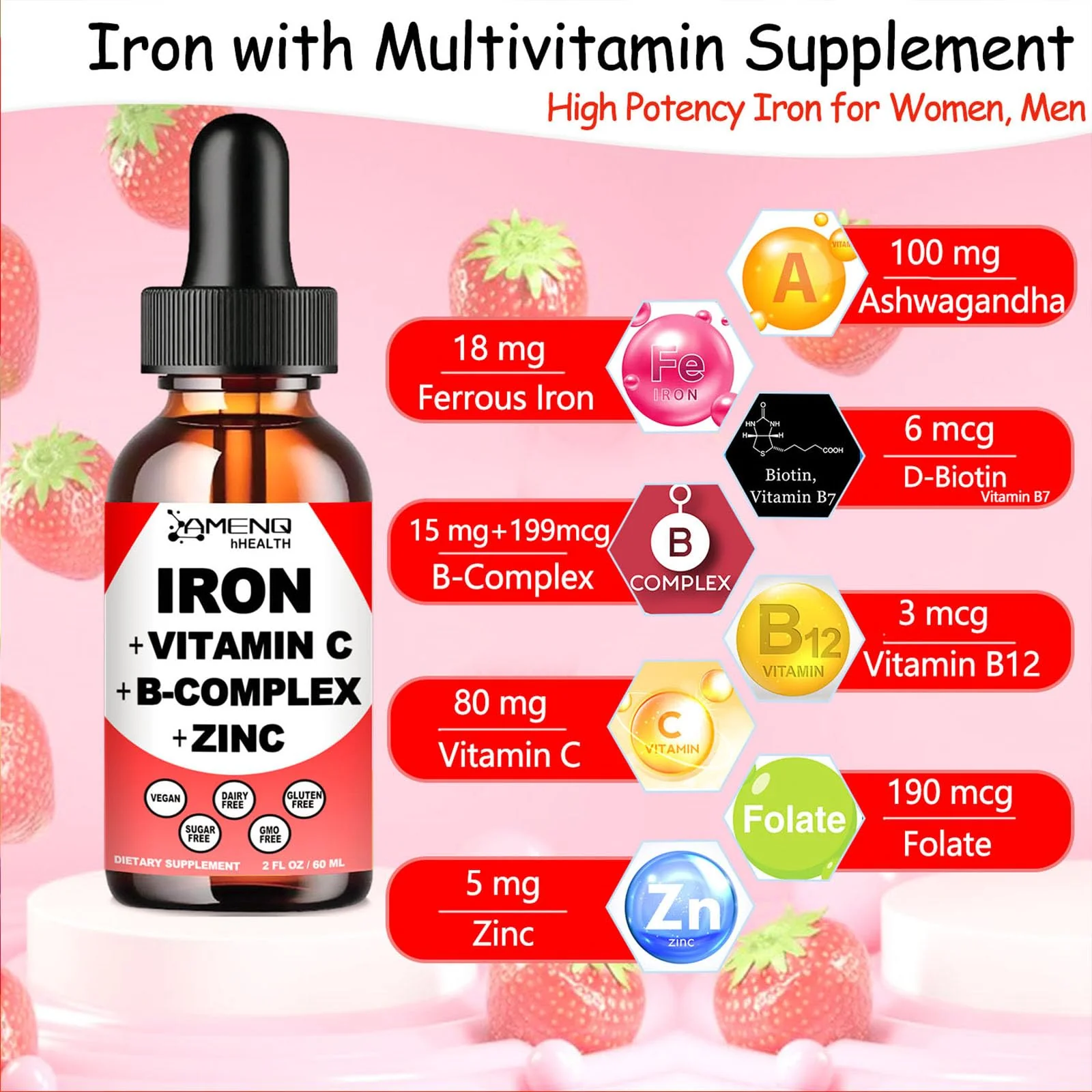 2 Pack Liquid Iron Supplement w/Vitamin C, A, B-Complex, Vegan Iron Drops High Potency Liquid Vitamin & Iron Supplements for Women, Men & Children -Support Red Blood Cell, Energy, Anemia & Fatigue - Image 8