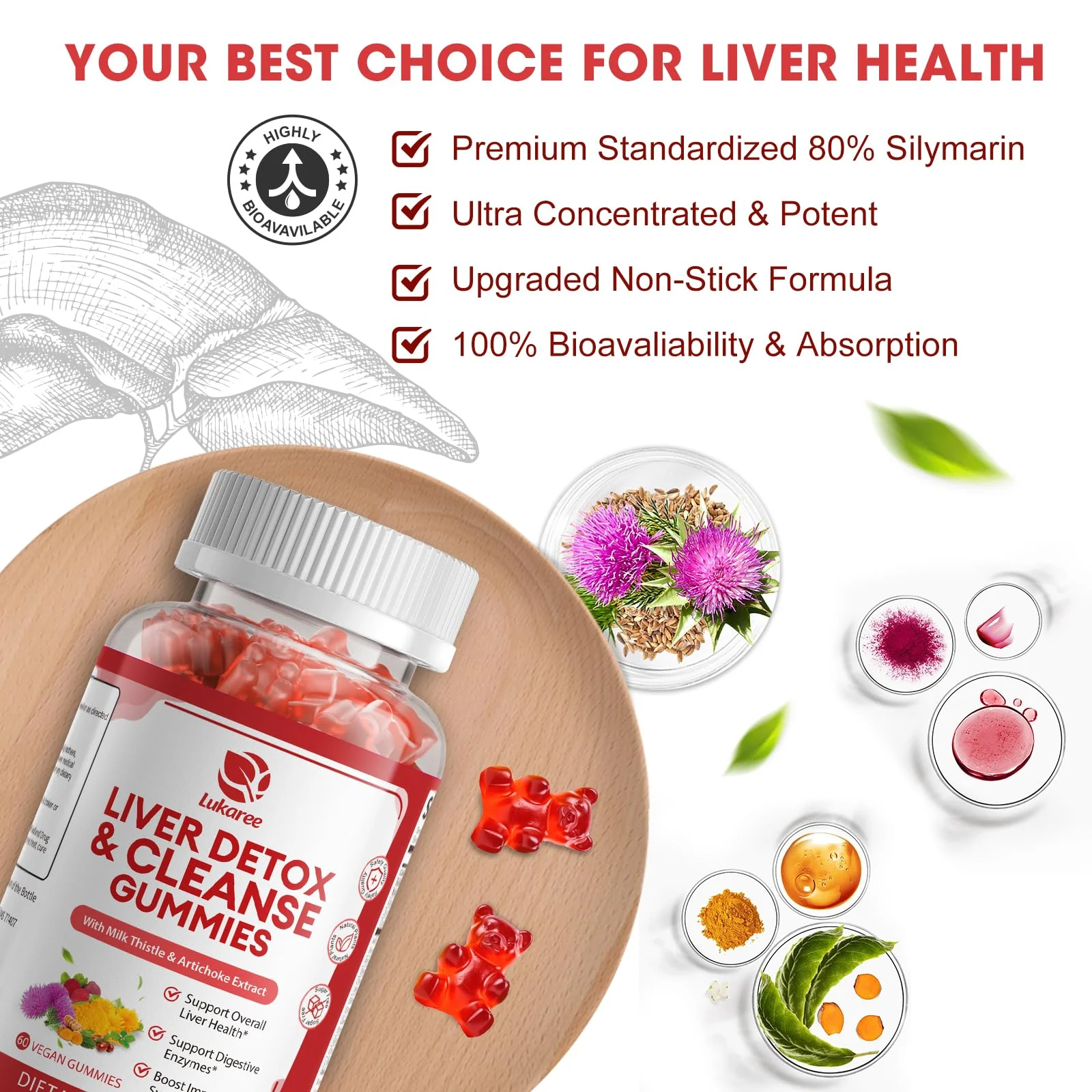 2 Pack Lukaree Liver Cleanse Detox & Repair Gummies | Sugar-Free Milk Thistle Supplement w/Artichok & L-Glutathione - Ultra-Concentrated Herbal Liver Support for Men & Women -Vegan,60 Count - Image 6