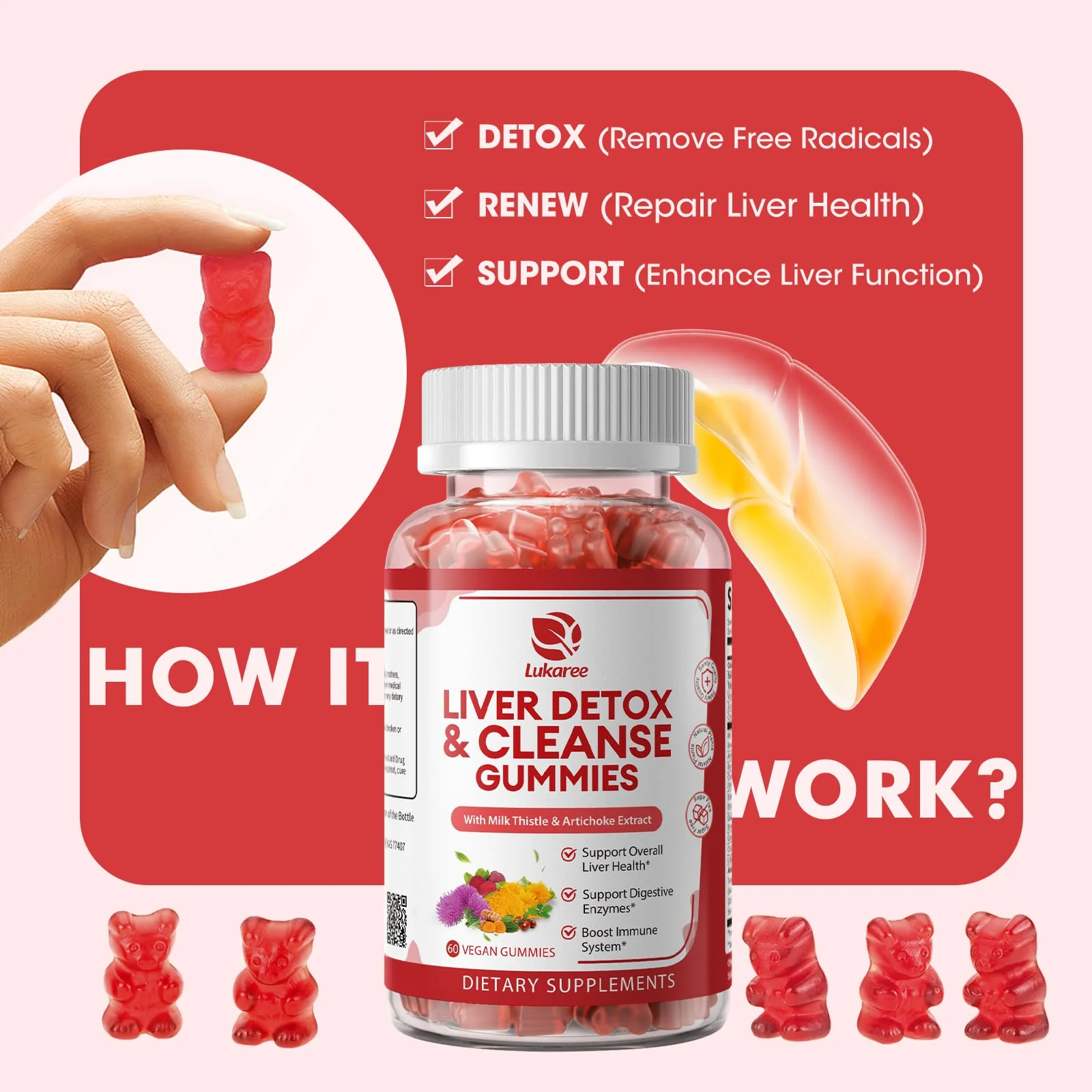 2 Pack Lukaree Liver Cleanse Detox & Repair Gummies | Sugar-Free Milk Thistle Supplement w/Artichok & L-Glutathione - Ultra-Concentrated Herbal Liver Support for Men & Women -Vegan,60 Count - Image 8