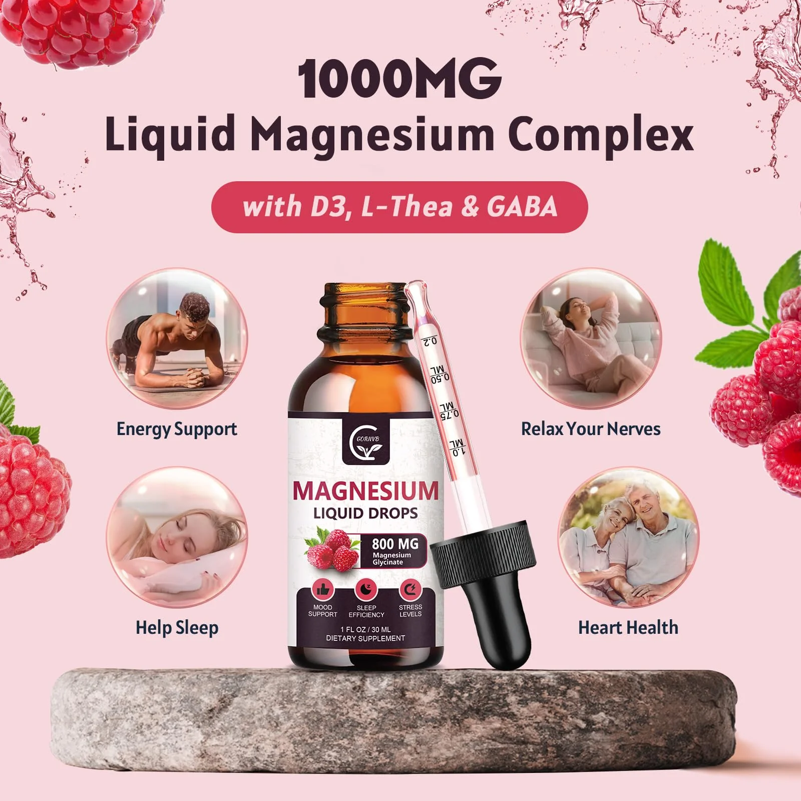 (2 Pack) Magnesium Glycinate Liquid Drops | 1000mg Liquid Magnesium Complex with D3, L-Thea & GABA for Energy, Sleep, Nerve and Heart Health, High Absorption, Raspberry Flavor - Image 5