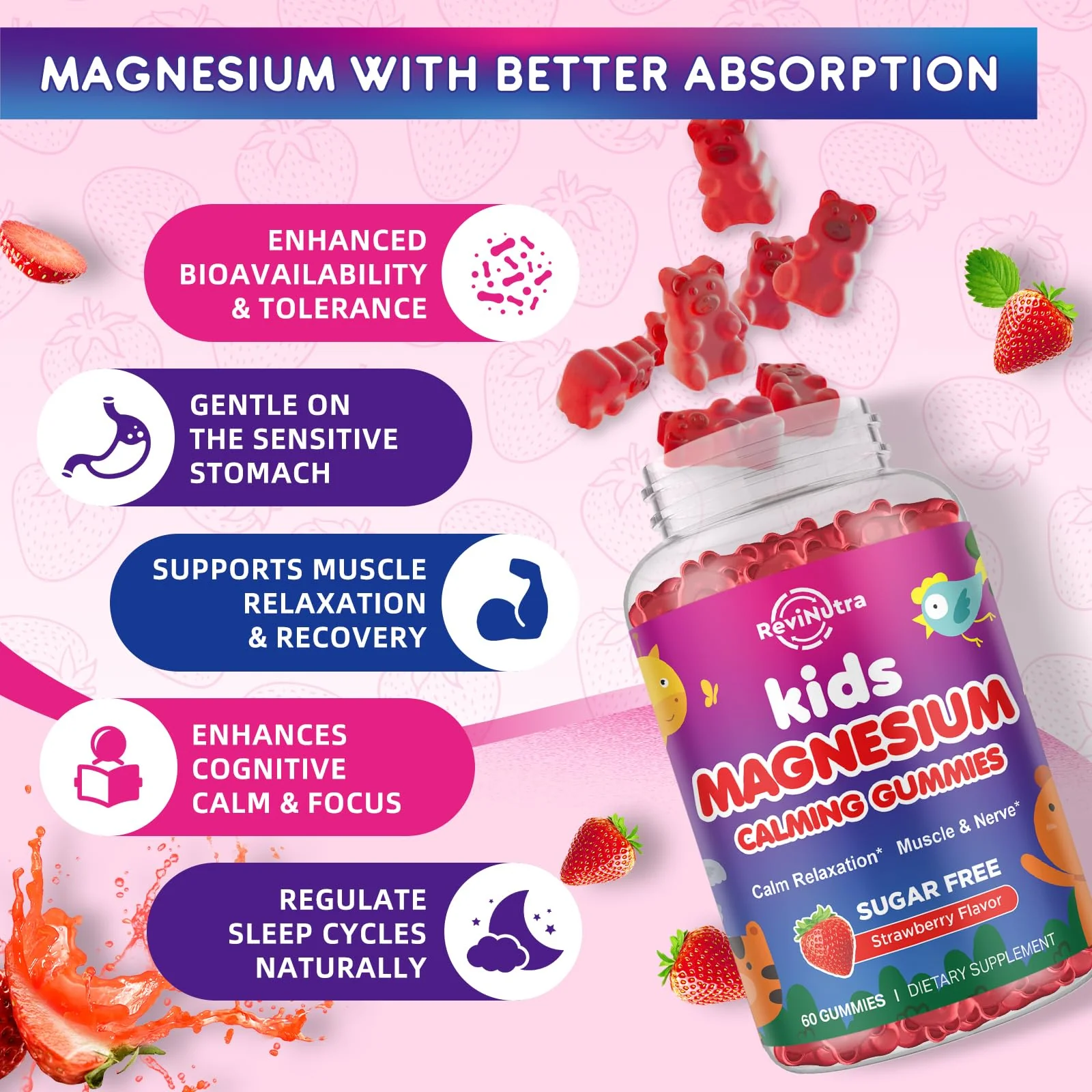 2 Pack Magnesium Gummies for Kids - Magnesium Glycinate Gummies with L-Theanine, Chamomile, Licorice, Vitamin B6, D for Kids & Adults Sleep, Muscle Relief & Nerve Bone - Strawberry 120ct - Image 3