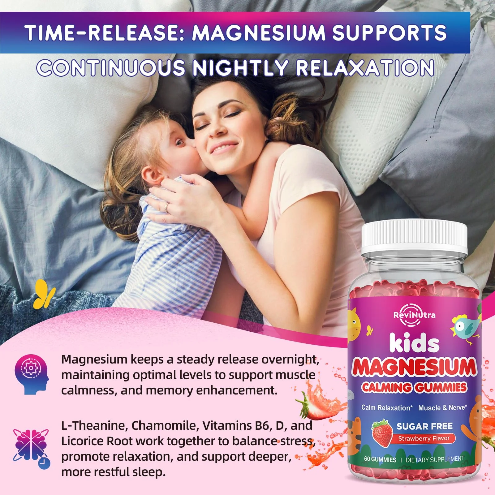 2 Pack Magnesium Gummies for Kids - Magnesium Glycinate Gummies with L-Theanine, Chamomile, Licorice, Vitamin B6, D for Kids & Adults Sleep, Muscle Relief & Nerve Bone - Strawberry 120ct - Image 4