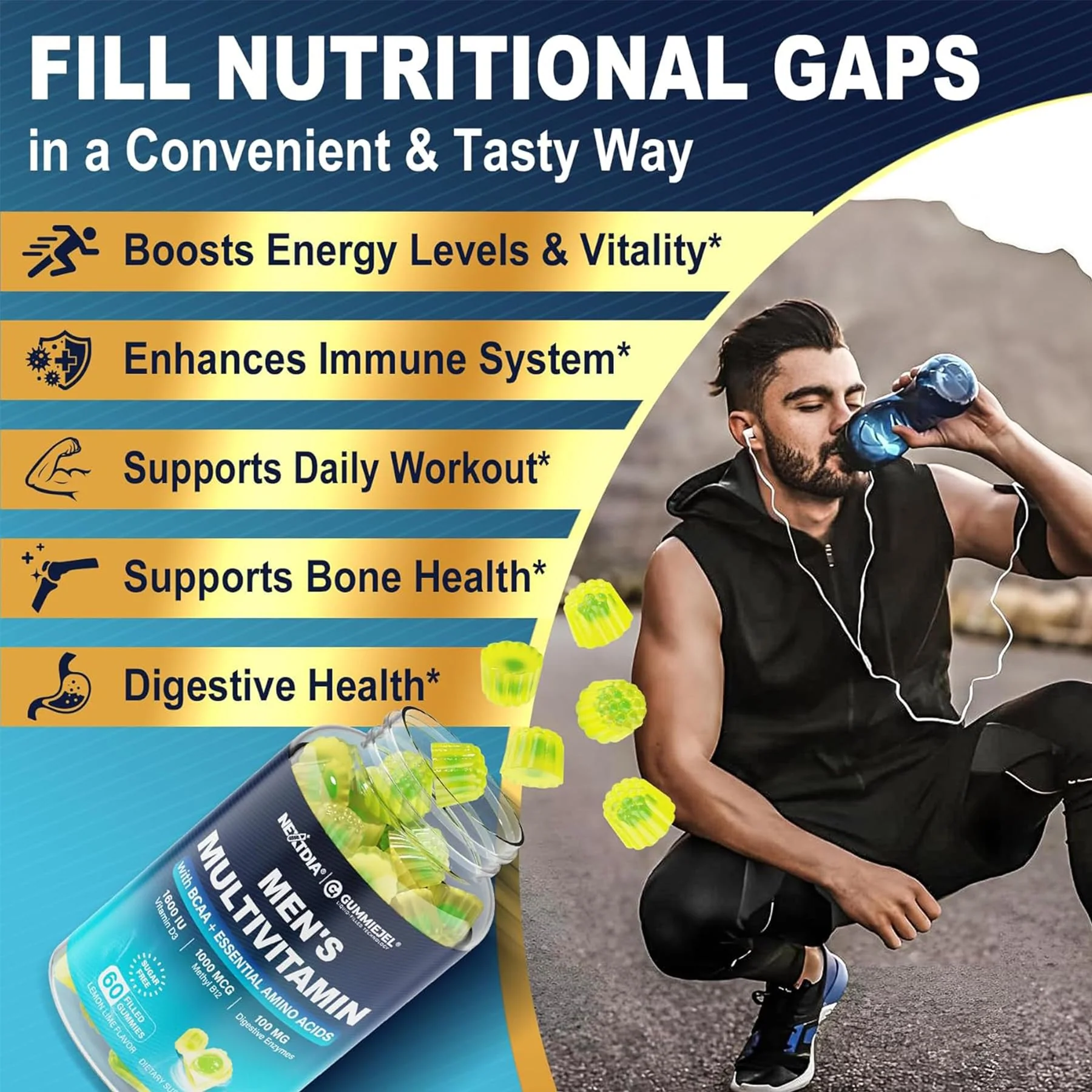 2 Pack Methylated Multivitamin for Men Gummies, BCAA Amino Acids, Zinc, Biotin, Vitamin A C E D3 K2 B Complex Calcium, Magnesium, Lycopene, Digestive Enzymes - Energy Muscle Immune - Sugar Free, Vegan - Image 4