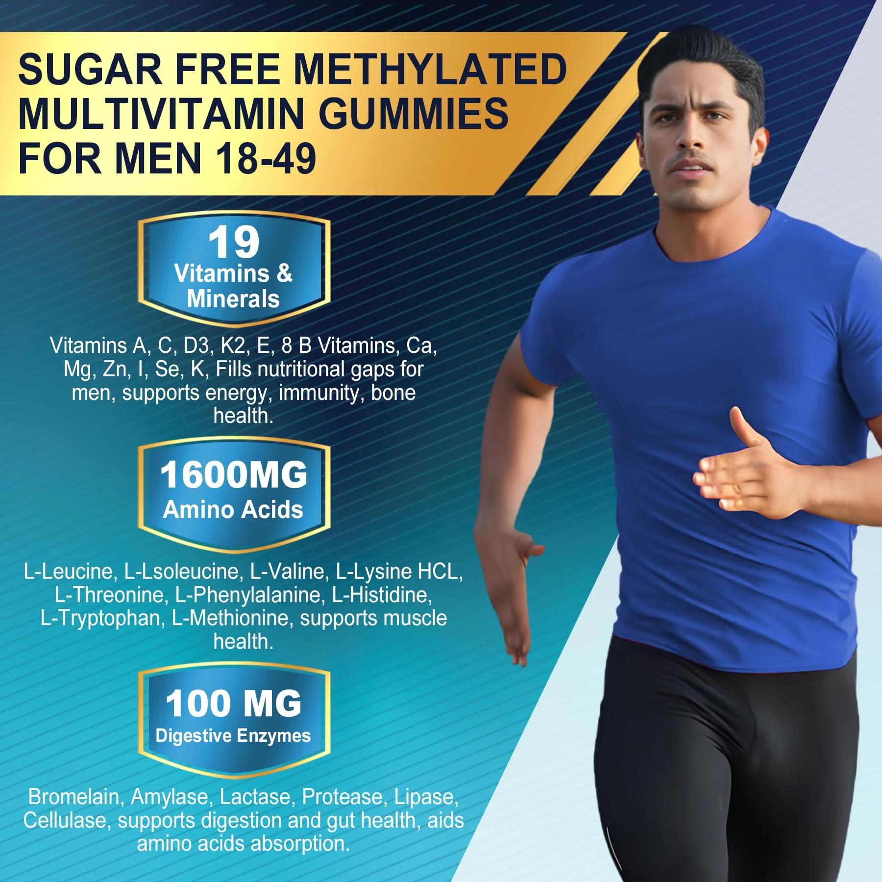 2 Pack Methylated Multivitamin for Men Gummies, BCAA Amino Acids, Zinc, Biotin, Vitamin A C E D3 K2 B Complex Calcium, Magnesium, Lycopene, Digestive Enzymes - Energy Muscle Immune - Sugar Free, Vegan - Image 5