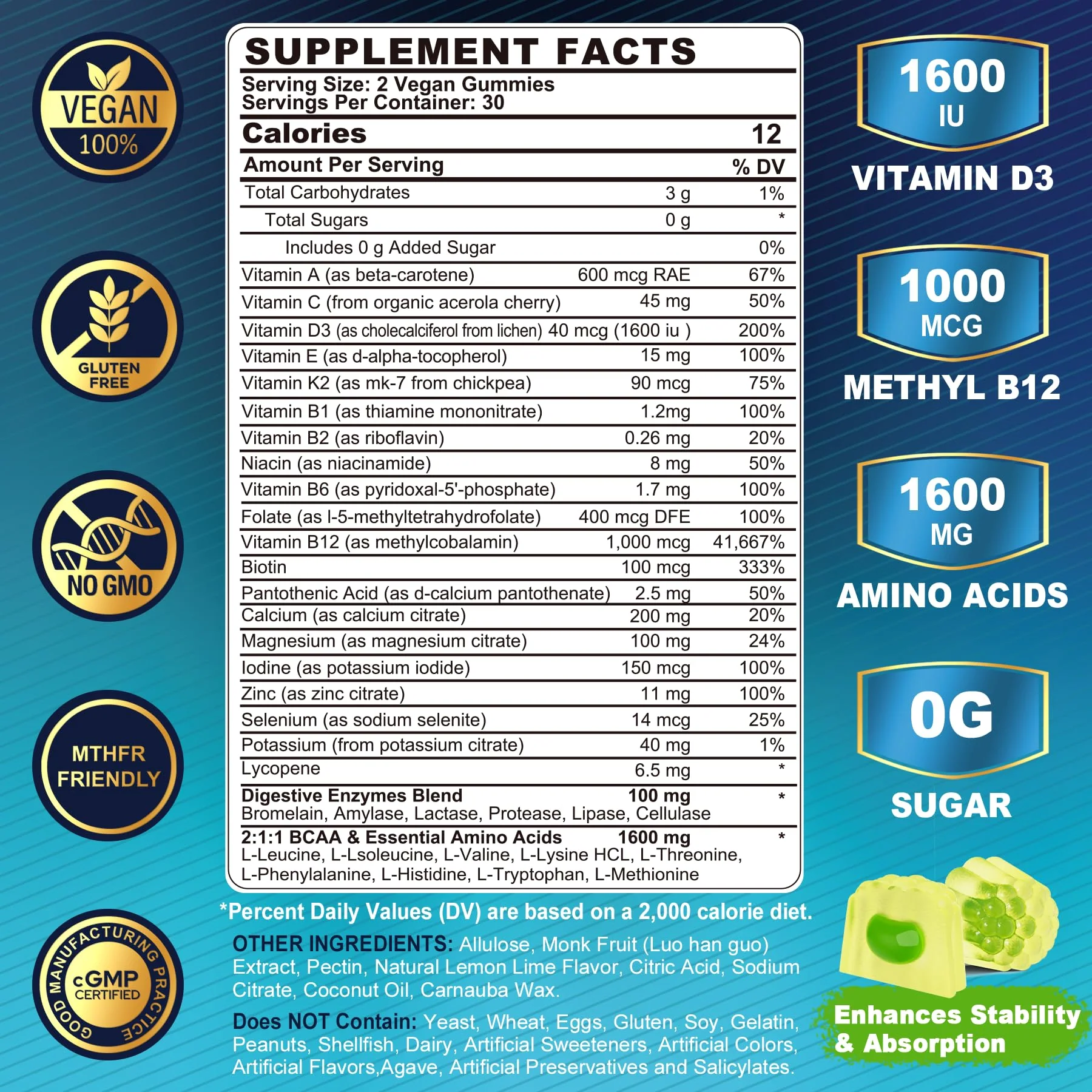 2 Pack Methylated Multivitamin for Men Gummies, BCAA Amino Acids, Zinc, Biotin, Vitamin A C E D3 K2 B Complex Calcium, Magnesium, Lycopene, Digestive Enzymes - Energy Muscle Immune - Sugar Free, Vegan - Image 8