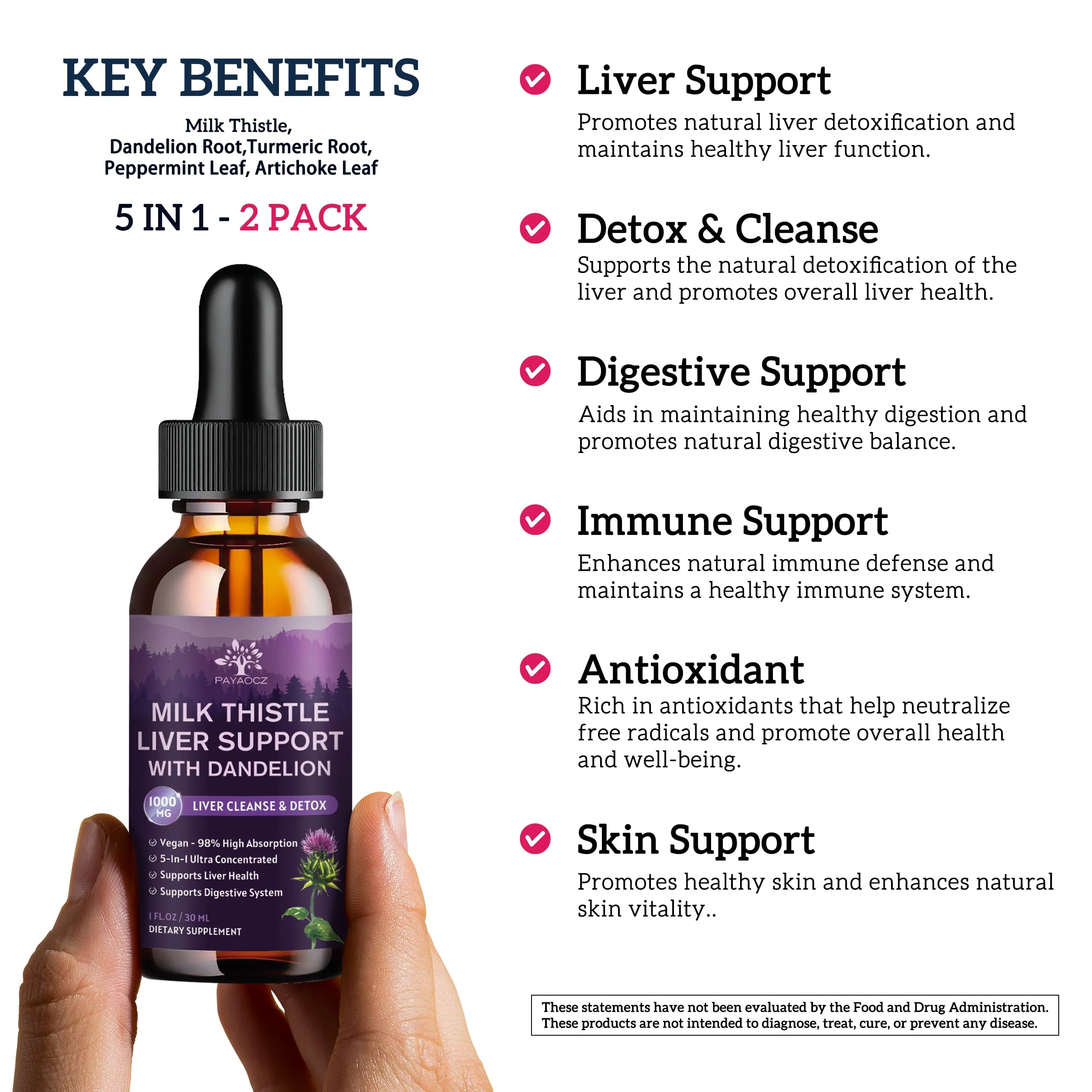 (2 Pack) Milk Thistle Liquid Drops Silymarin 1000mg, Liver Supplement Detox & Cleanse with Dandelion & Artichoke, Milk Thistle Organic Extract for Support Repair Liver Health, Vegan, Non-GMO, 1 Fl Oz - Image 9