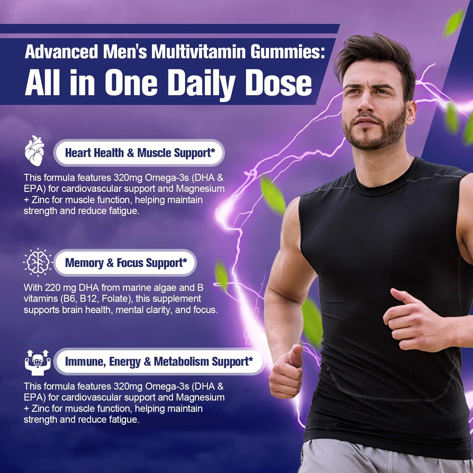 2-Pack Multivitamin for Men, Mens Multivitamins Gummies w/Omega-3, Probiotics, Inositol, Folate, Male Support Blend, Vitamins A, C, D, E, B - Support Heart, Brain, Muscle, Energy, Sugar-Free Gummy - Image 8