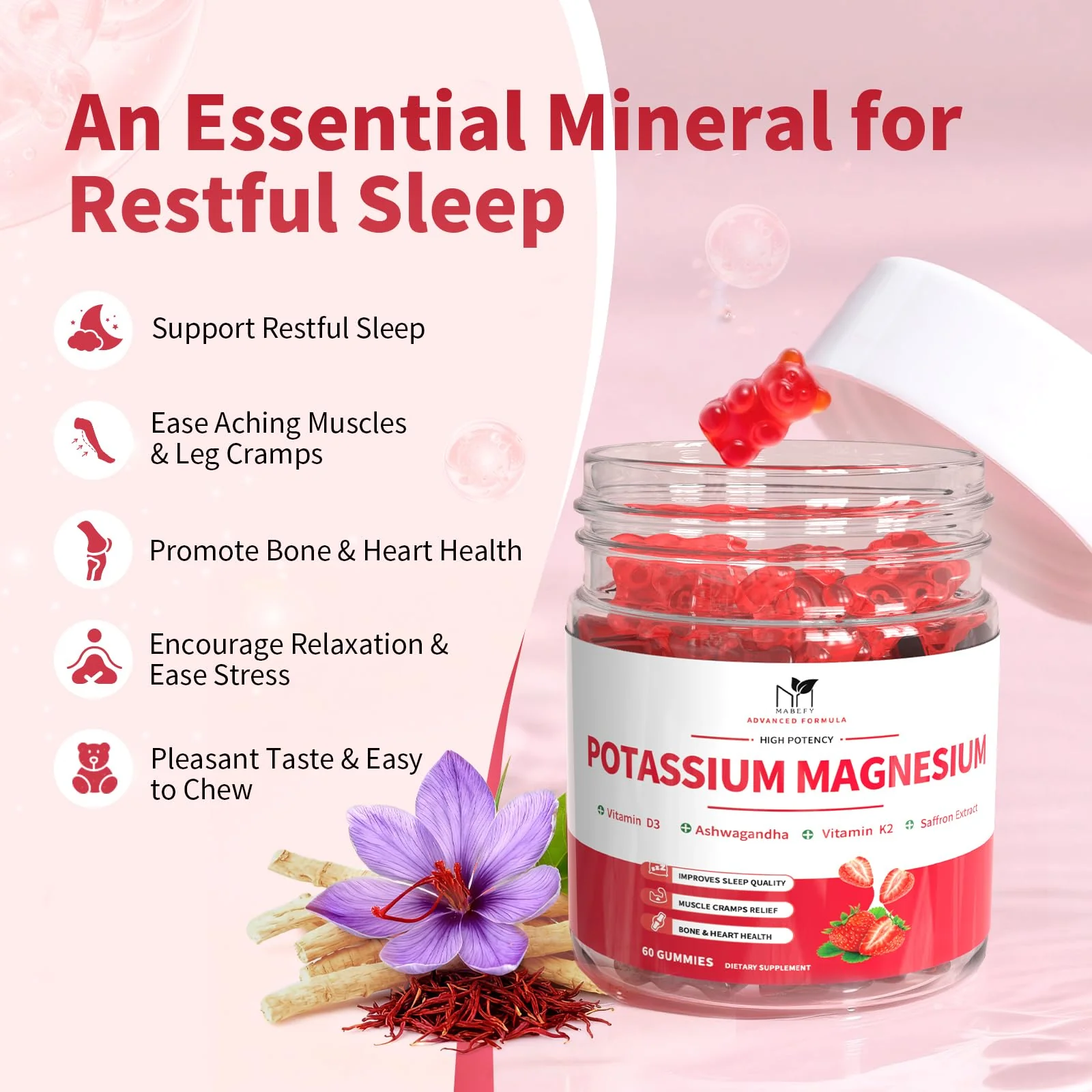 2 Pack Potassium Magnesium Gummies, Sugar Free Potassium Supplement Magnesium Glycinate 500mg, Ashwagandha, Vitamins D3, C, B6, Calcium & Zinc for Sleep, Leg Cramps & Muscle Relaxation-120 Count - Image 3