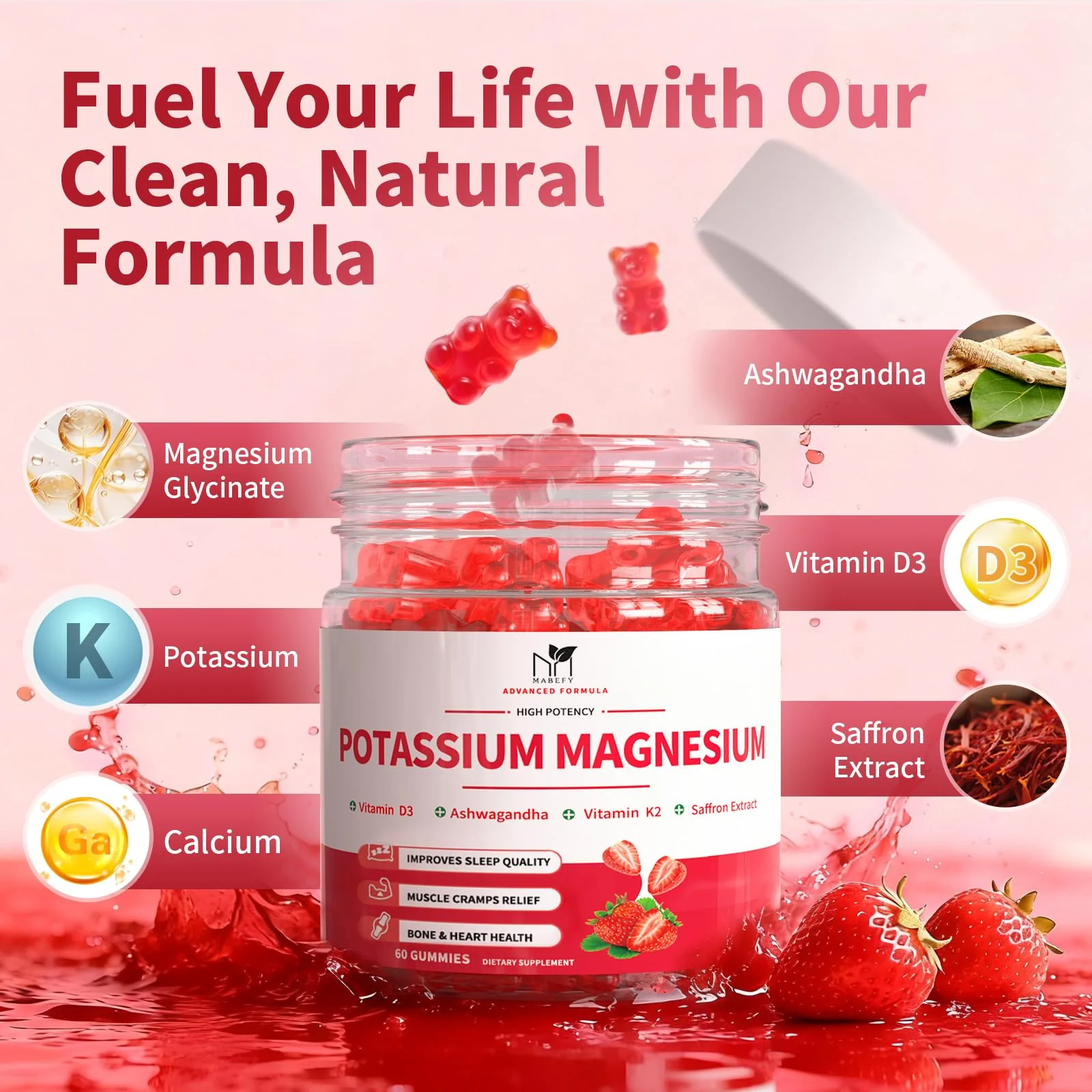 2 Pack Potassium Magnesium Gummies, Sugar Free Potassium Supplement Magnesium Glycinate 500mg, Ashwagandha, Vitamins D3, C, B6, Calcium & Zinc for Sleep, Leg Cramps & Muscle Relaxation-120 Count - Image 4