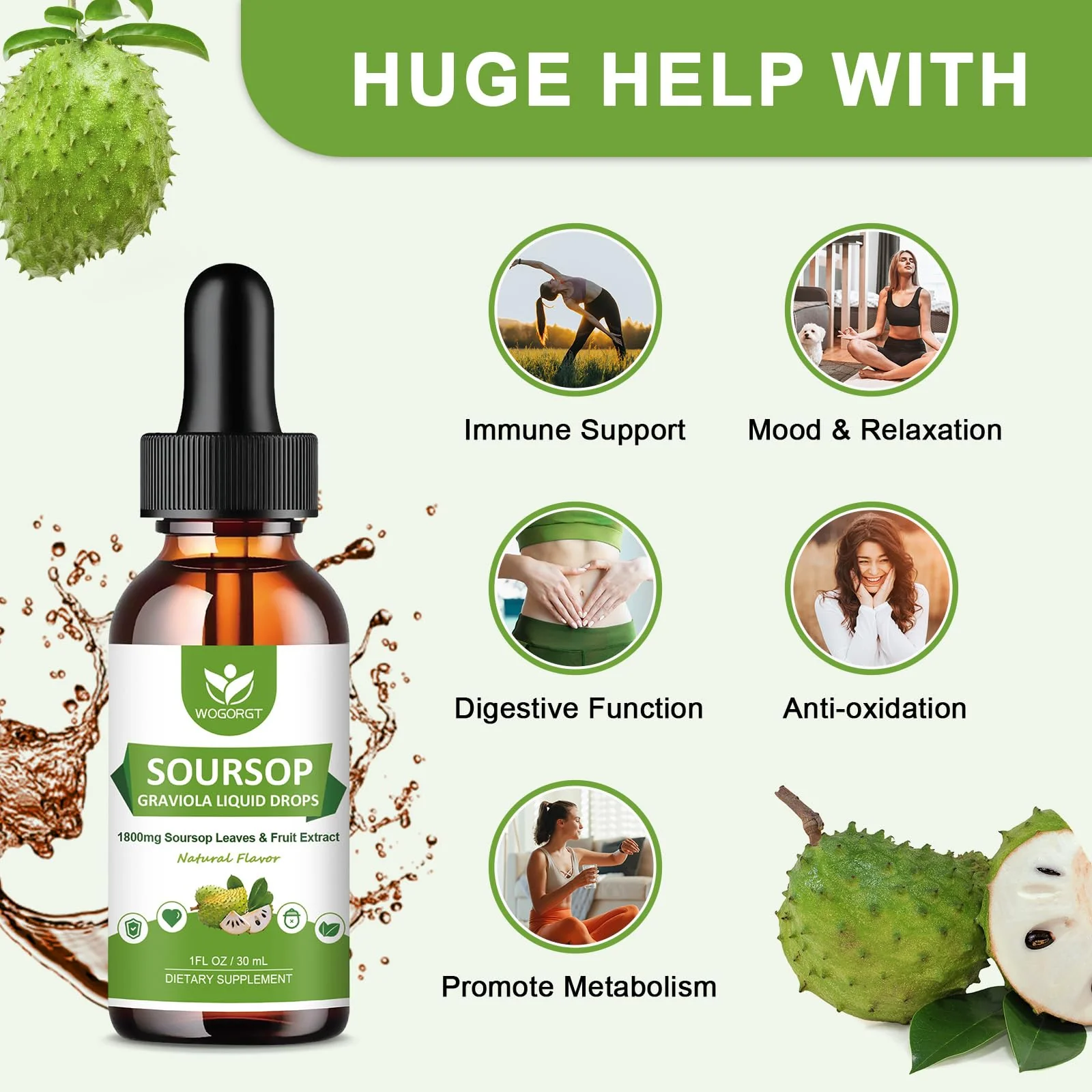 (2 Pack) Soursop Graviola Liquid Drops - 1800mg Soursop Extract - High Absorption Sour sop Bitters Liquid for Cell Support & Regeneration, Immune Support, Antioxidant, Relaxation, Sugar Free - 1 Fl Oz - Image 3
