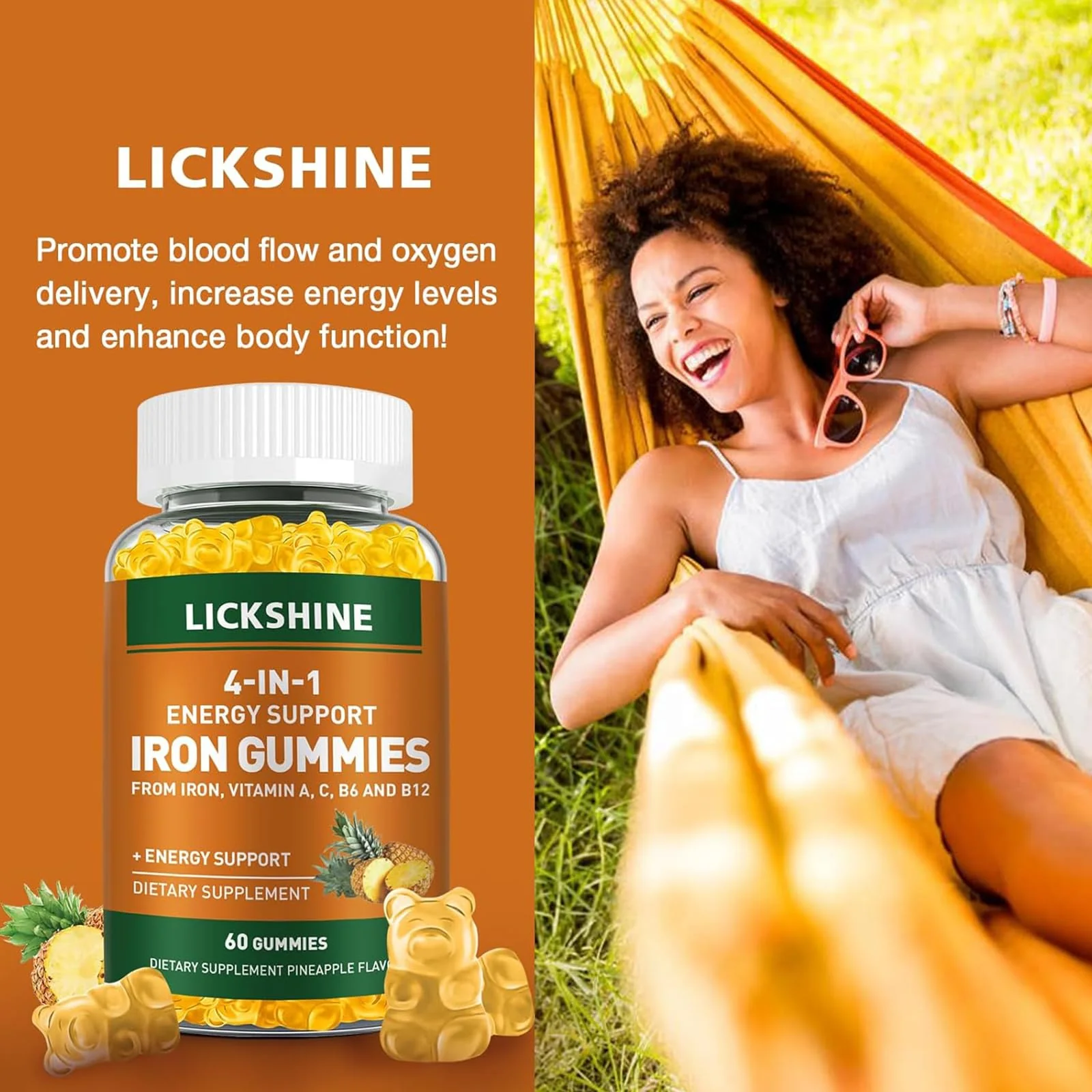 2 Pack Vegan 100MG Iron Supplement Gummies for Women & Men - with Vitamin C, A, B for Adults & Kids - Energy Support for Iron Deficiency, Anemia - Pineapple Flavor (120 Ct) - Image 2