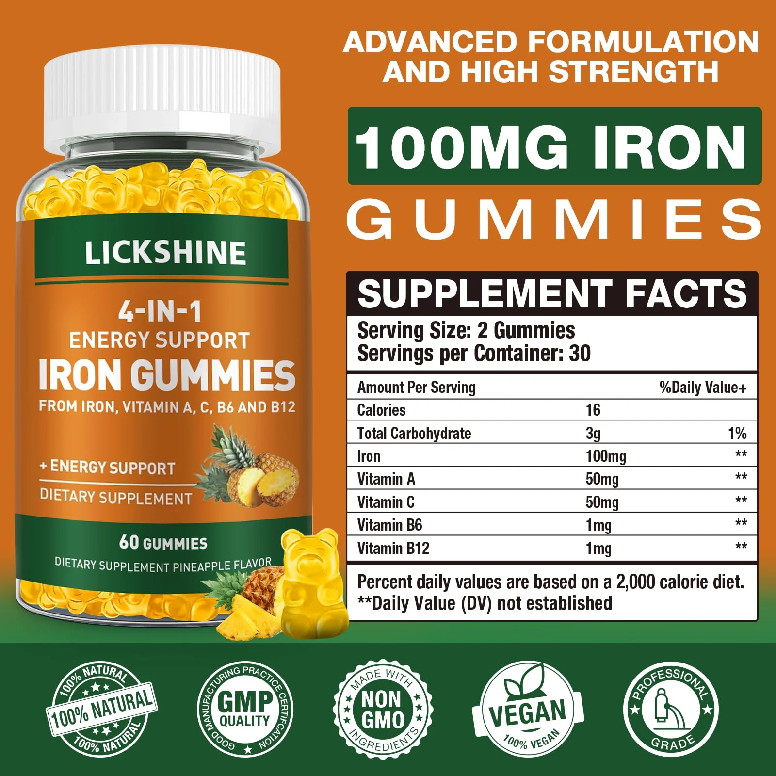 2 Pack Vegan 100MG Iron Supplement Gummies for Women & Men - with Vitamin C, A, B for Adults & Kids - Energy Support for Iron Deficiency, Anemia - Pineapple Flavor (120 Ct) - Image 6