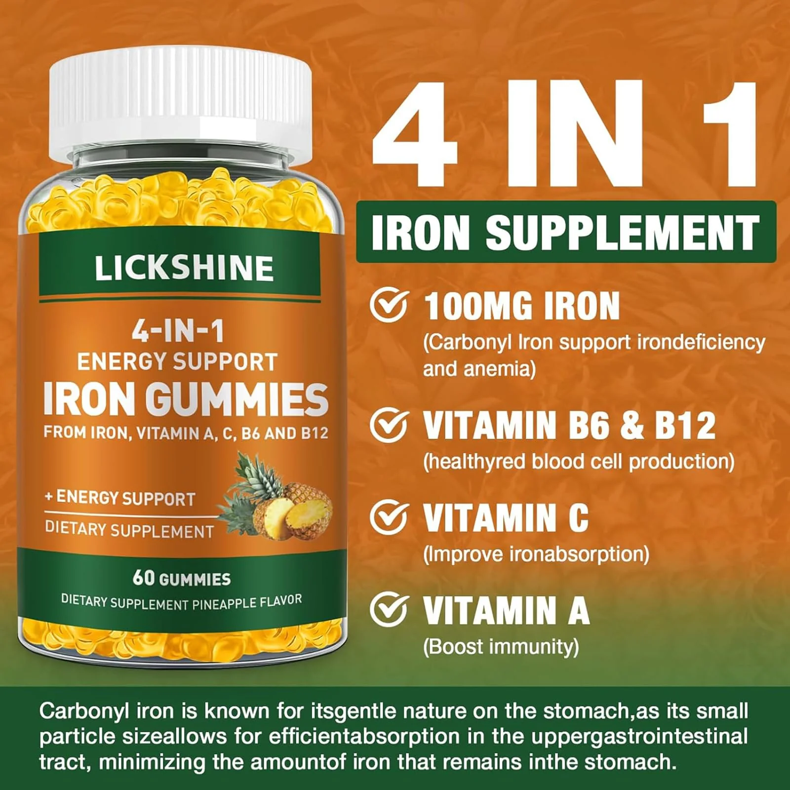 2 Pack Vegan 100MG Iron Supplement Gummies for Women & Men - with Vitamin C, A, B for Adults & Kids - Energy Support for Iron Deficiency, Anemia - Pineapple Flavor (120 Ct) - Image 7