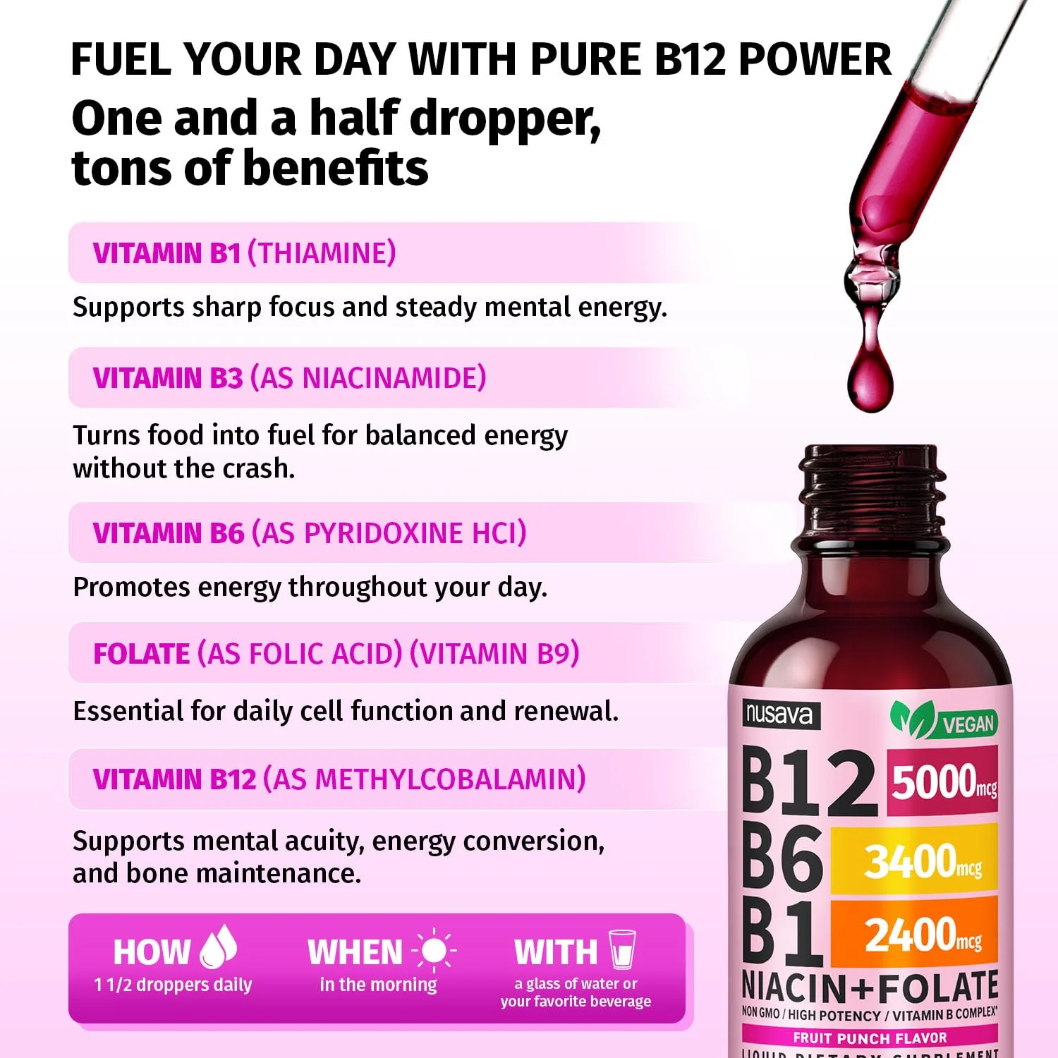 (2 Pack) Vitamin B12 and B6 Liquid Drops, B12 Sublingual Vitamin B Complex - B 12 Vitamin 5000mcg - B12 Methylcobalamin for Energy, Brain, and Heart Support with 27,200 mcg, Fruit Punch, 80 Servings - Image 3