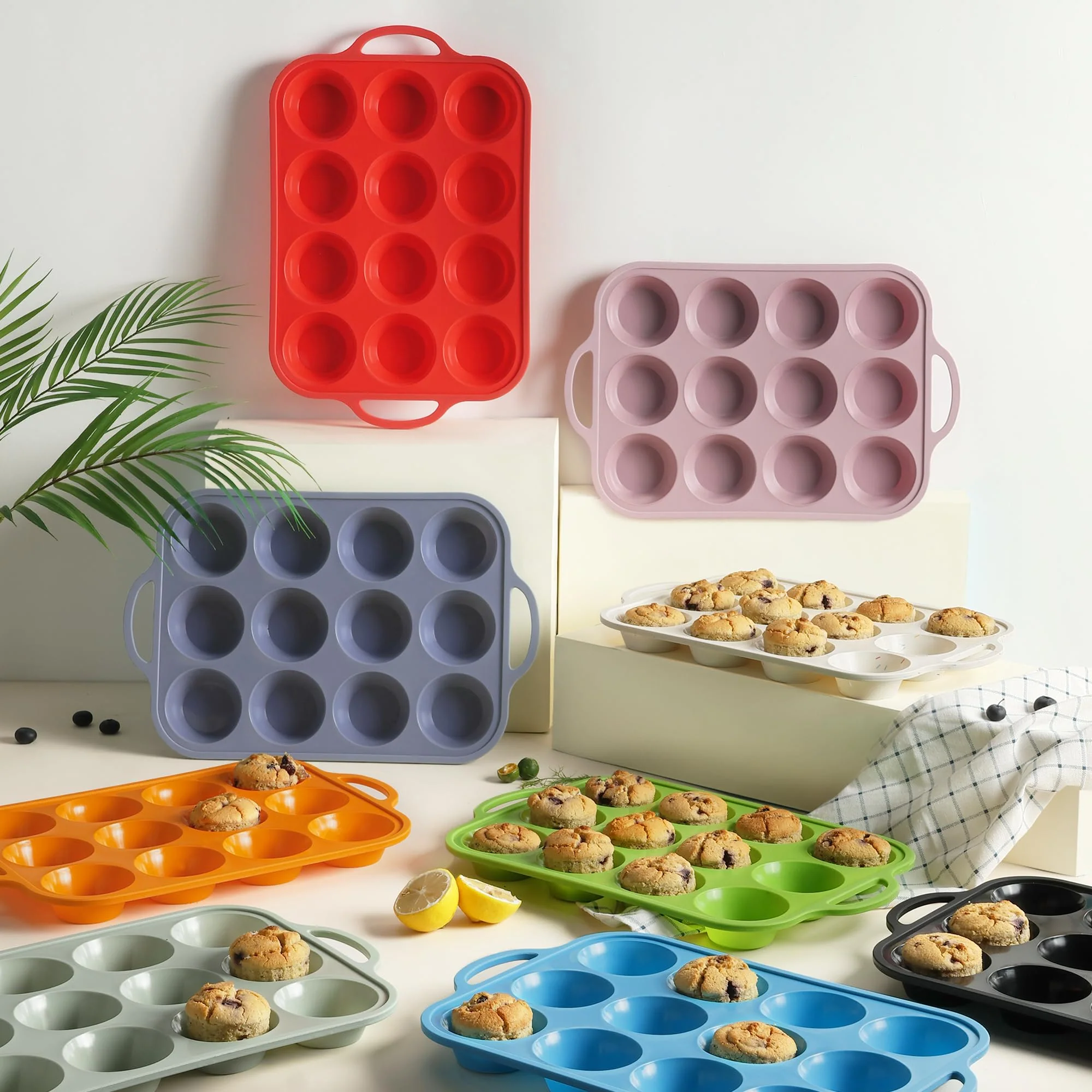 2 Packs 12 Cups Silicone Muffin Pan with Metal Reinforced Frame Regular Size Cupcake Pan Tray Egg Bites Silicone Circle Cookie Molds Muffin Tin Tart Pans Baking Sheet Set for Breakfast Sandwiches - Image 3