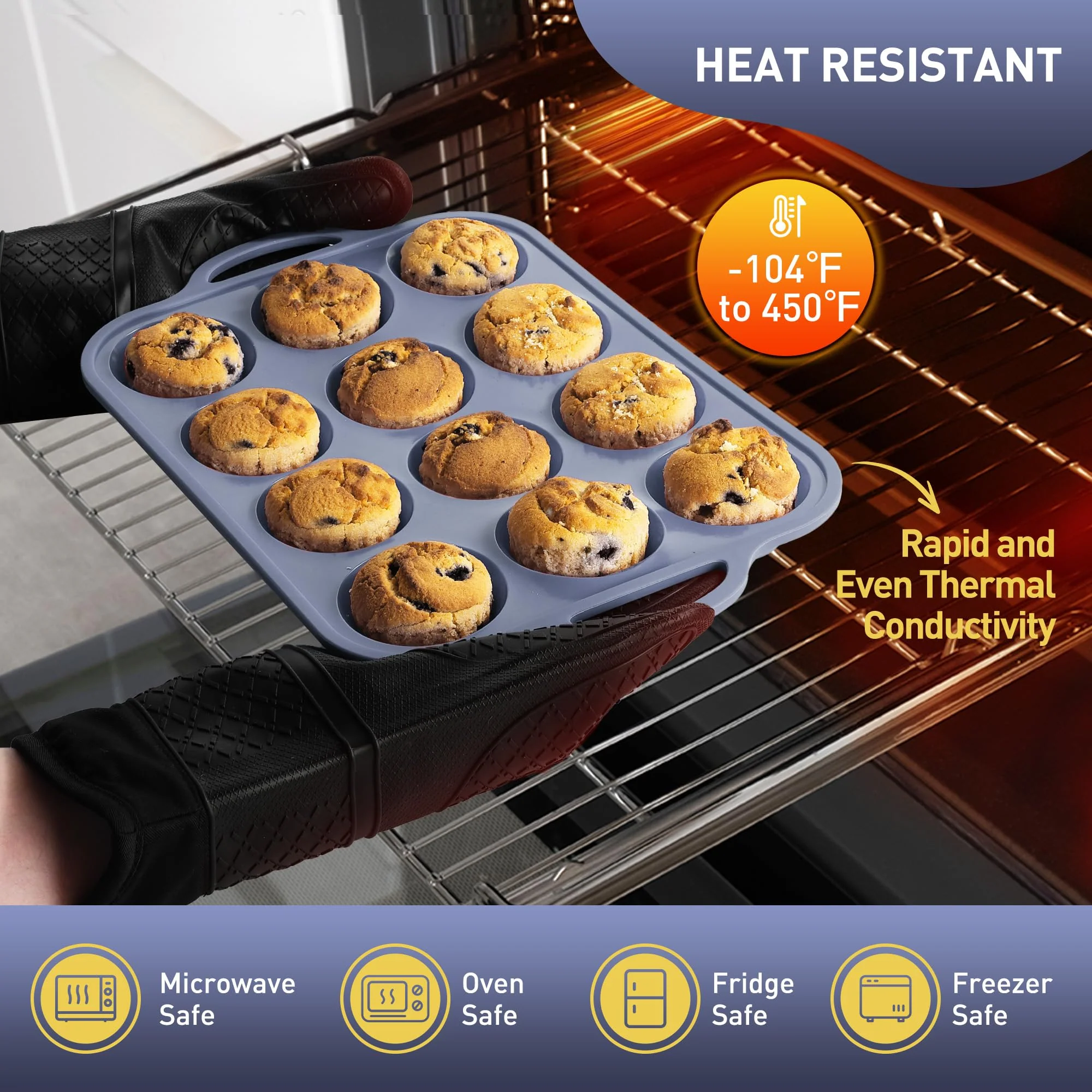 2 Packs 12 Cups Silicone Muffin Pan with Metal Reinforced Frame Regular Size Cupcake Pan Tray Egg Bites Silicone Circle Cookie Molds Muffin Tin Tart Pans Baking Sheet Set for Breakfast Sandwiches - Image 5