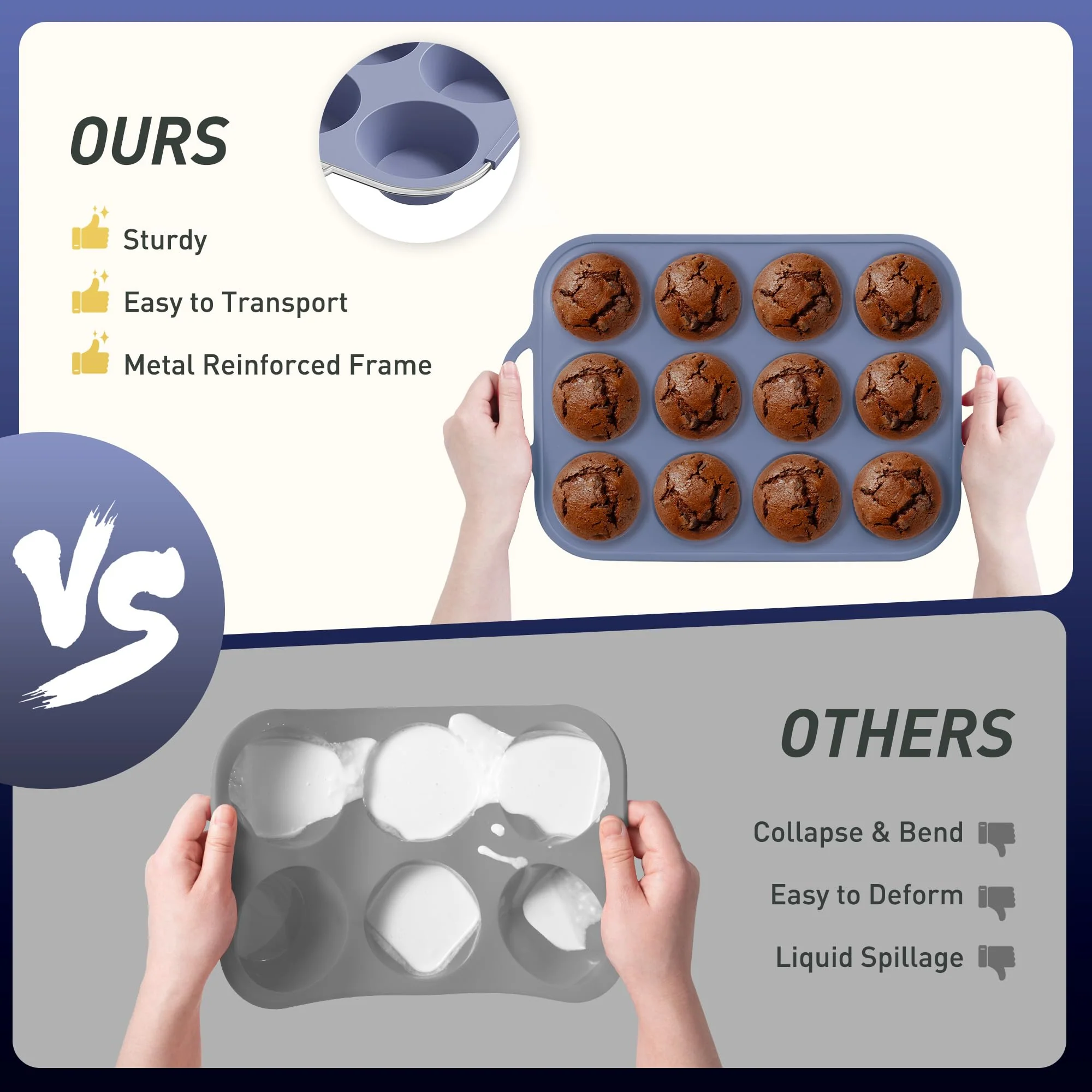 2 Packs 12 Cups Silicone Muffin Pan with Metal Reinforced Frame Regular Size Cupcake Pan Tray Egg Bites Silicone Circle Cookie Molds Muffin Tin Tart Pans Baking Sheet Set for Breakfast Sandwiches - Image 7