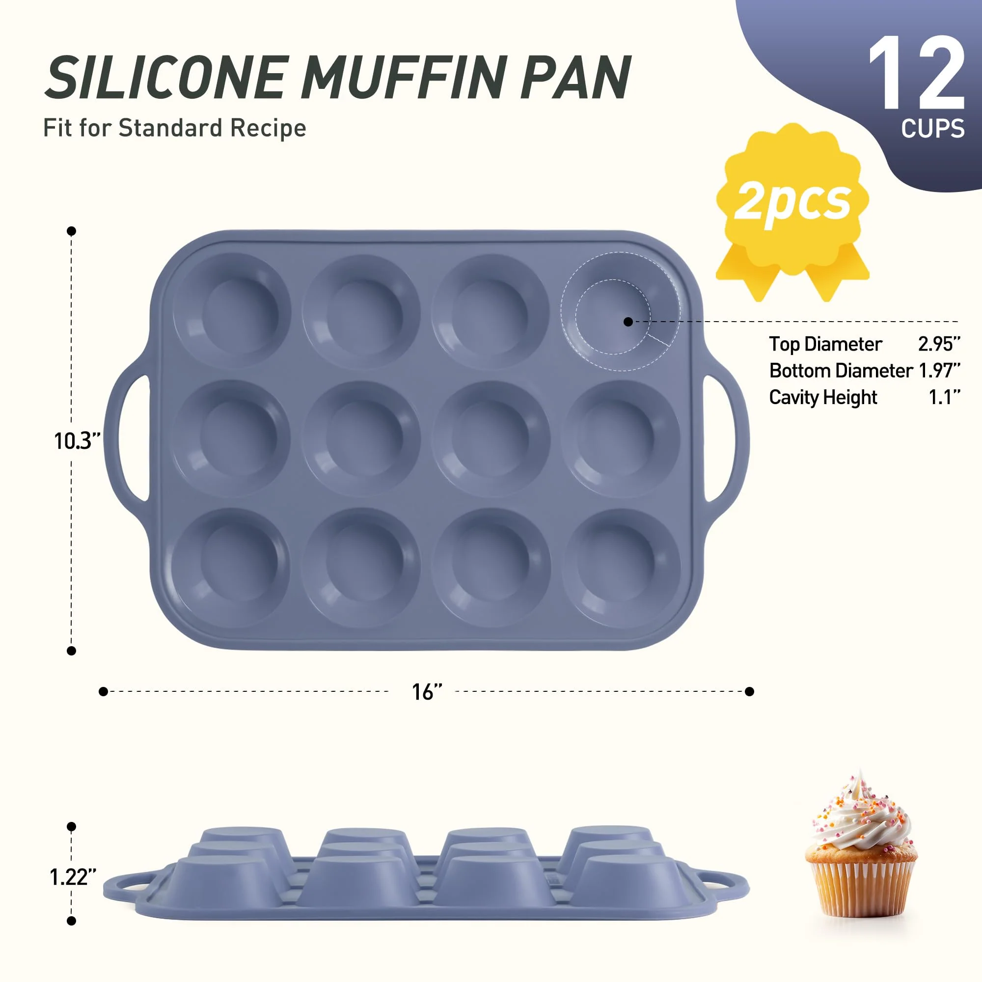 2 Packs 12 Cups Silicone Muffin Pan with Metal Reinforced Frame Regular Size Cupcake Pan Tray Egg Bites Silicone Circle Cookie Molds Muffin Tin Tart Pans Baking Sheet Set for Breakfast Sandwiches - Image 8