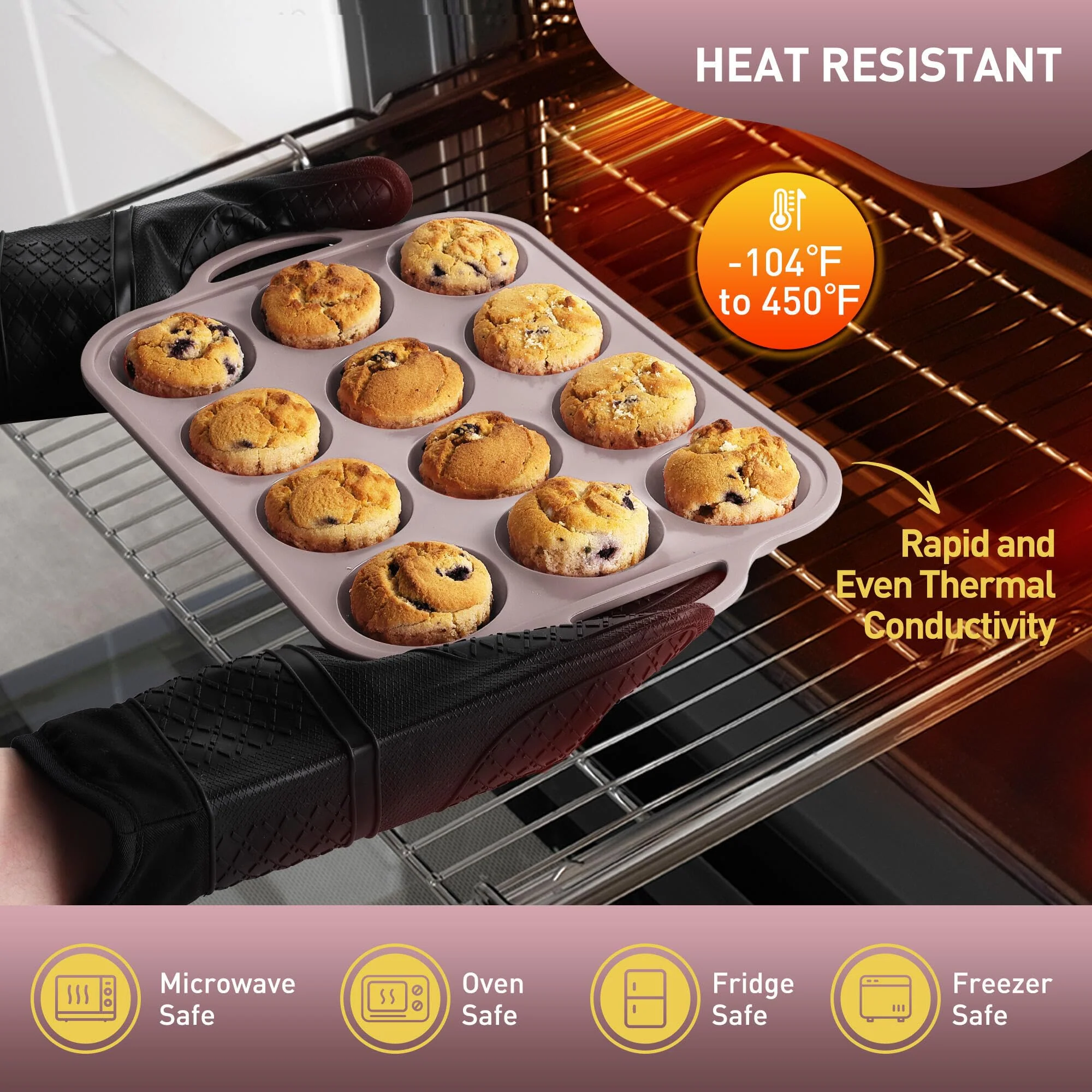 2 Packs 12 Cups Silicone Muffin Pan with Metal Reinforced Frame Regular Size Cupcake Pan Tray Egg Bites Silicone Circle Cookie Molds Muffin Tin Tart Pans Baking Sheet Set for Breakfast Sandwiches - Image 5