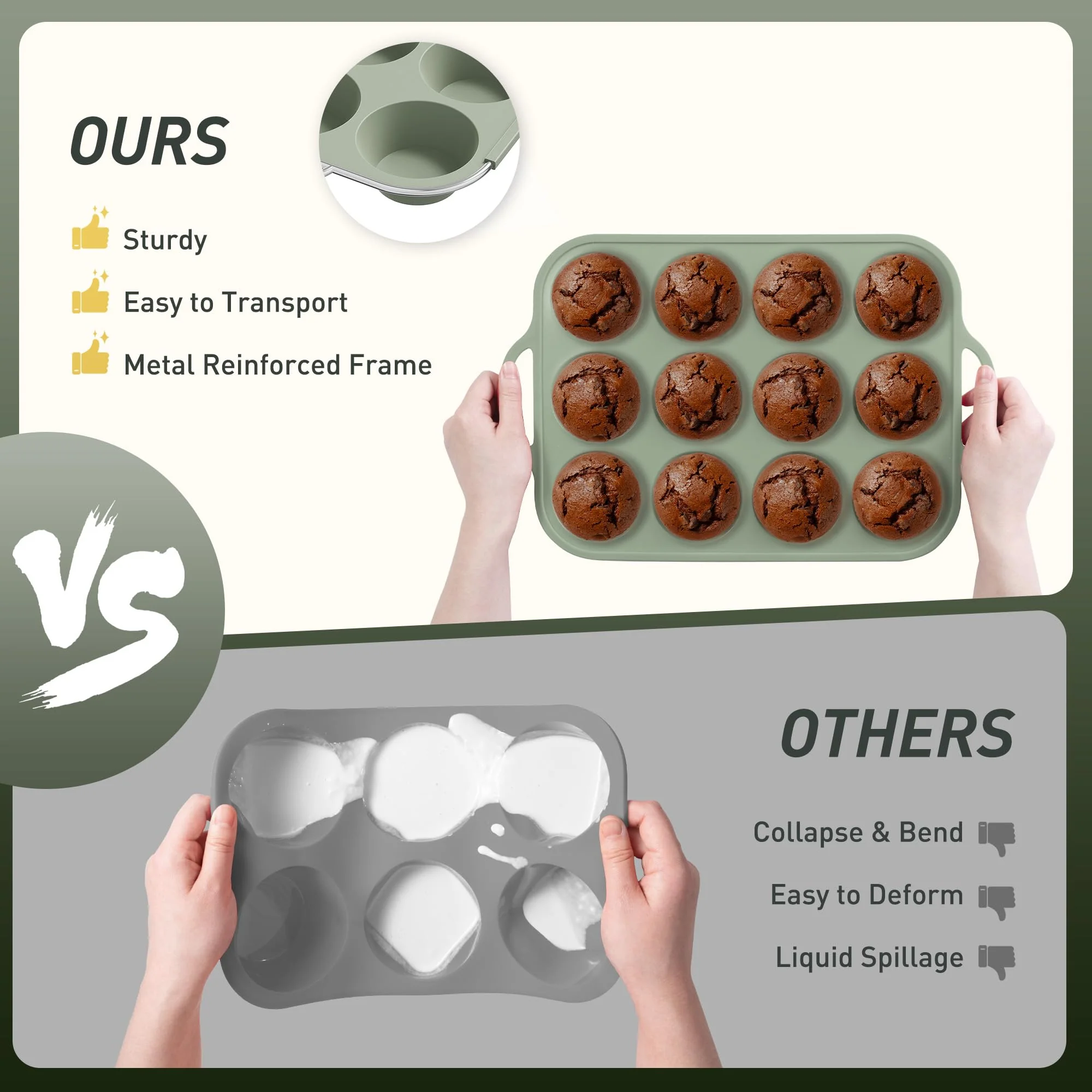 2 Packs 12 Cups Silicone Muffin Pan with Metal Reinforced Frame Regular Size Cupcake Pan Tray Egg Bites Silicone Circle Cookie Molds Muffin Tin Tart Pans Baking Sheet Set for Breakfast Sandwiches - Image 7