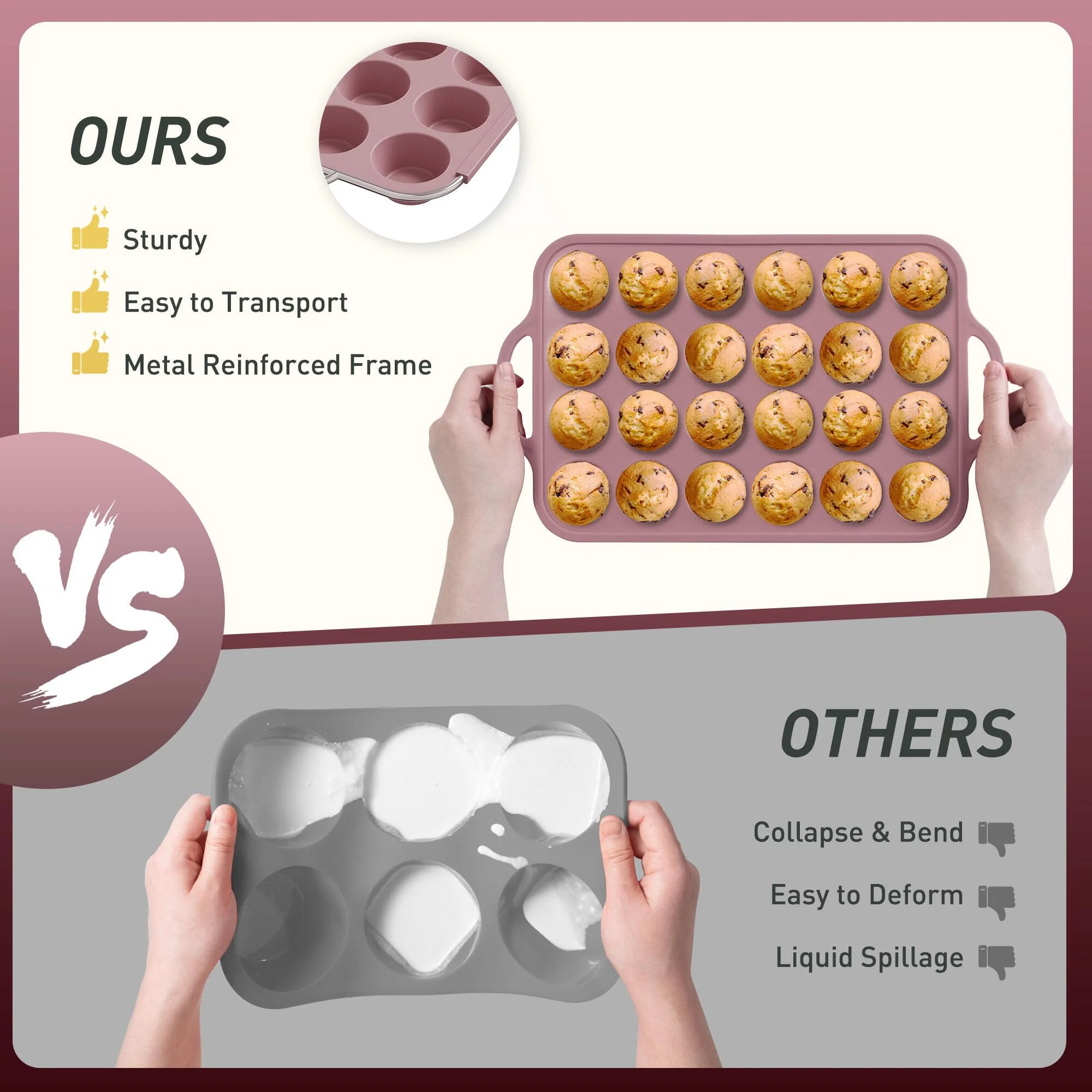2 Packs 24 Cups Silicone Muffin Pan with Metal Reinforced Frame Mini Size Cupcake Pan Tray Egg Bites Silicone Circle Cookie Molds Muffin Tin Tart Pans Baking Sheet Set for Breakfast Sandwiches - Image 7
