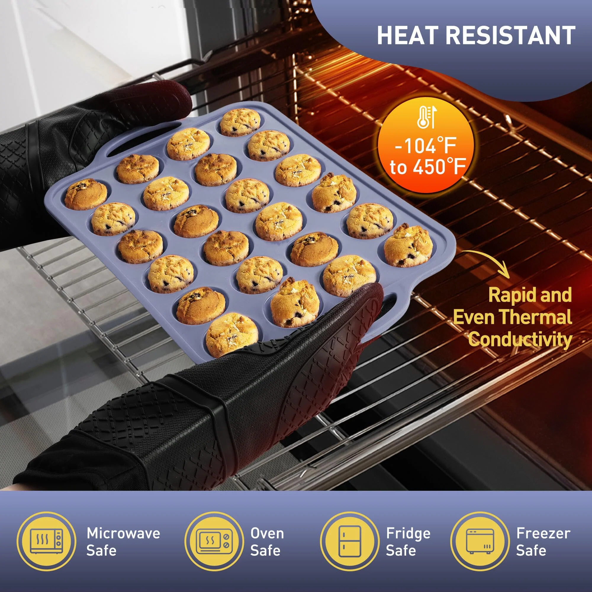 2 Packs 24 Cups Silicone Muffin Pan with Metal Reinforced Frame Mini Size Cupcake Pan Tray Egg Bites Silicone Circle Cookie Molds Muffin Tin Tart Pans Baking Sheet Set for Breakfast Sandwiches - Image 5