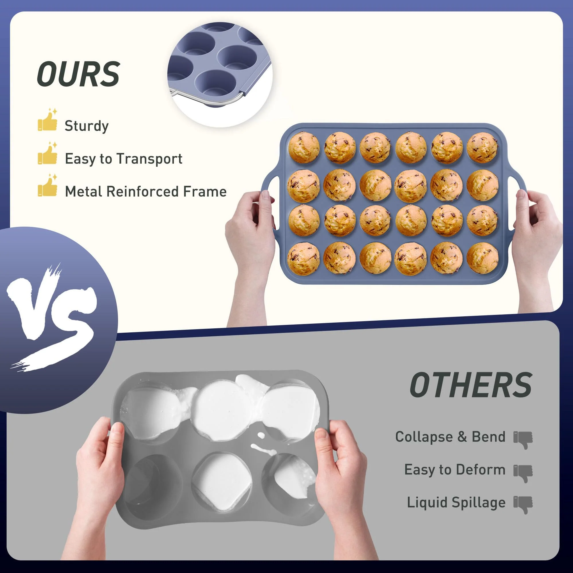 2 Packs 24 Cups Silicone Muffin Pan with Metal Reinforced Frame Mini Size Cupcake Pan Tray Egg Bites Silicone Circle Cookie Molds Muffin Tin Tart Pans Baking Sheet Set for Breakfast Sandwiches - Image 7