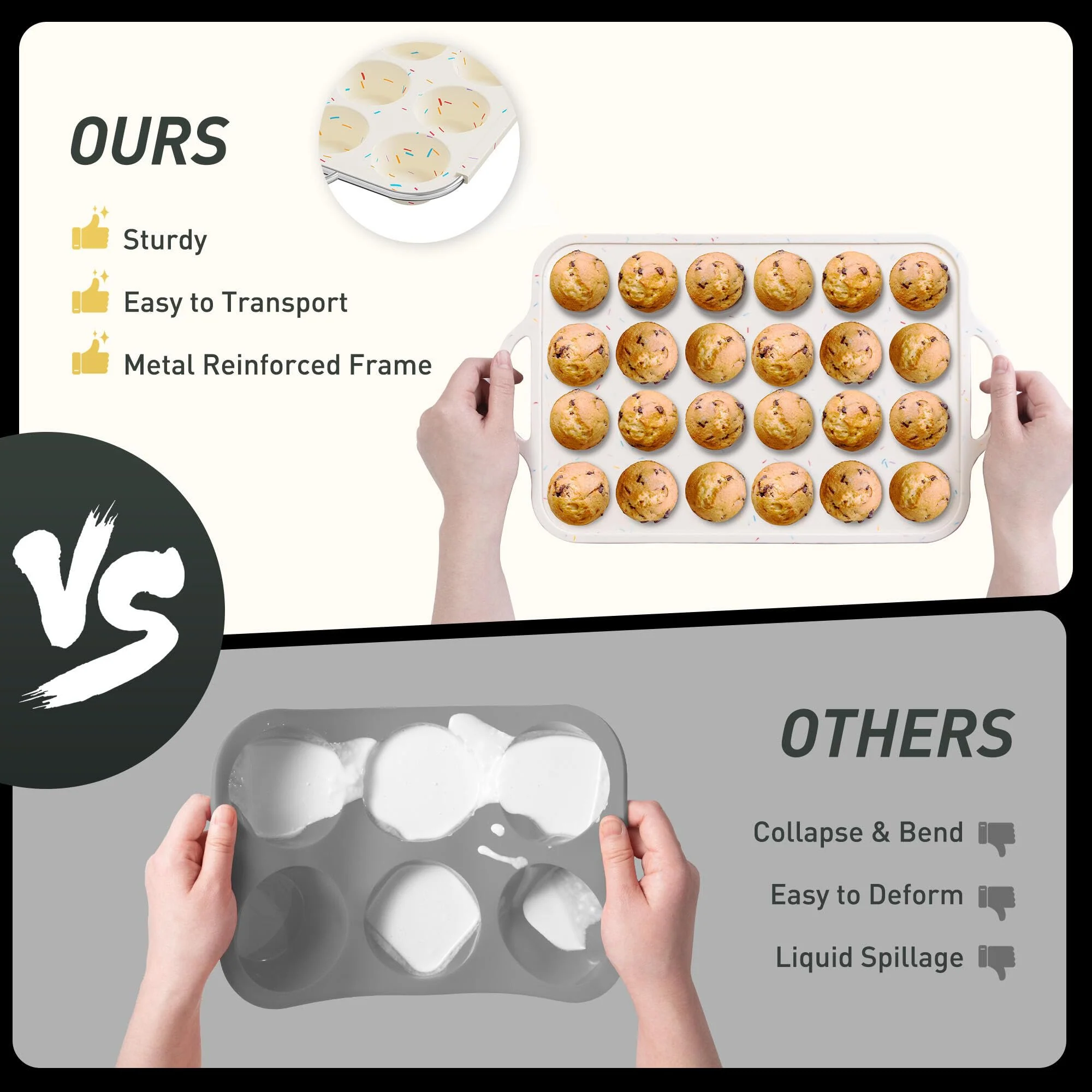 2 Packs 24 Cups Silicone Muffin Pan with Metal Reinforced Frame Mini Size Cupcake Pan Tray Egg Bites Silicone Circle Cookie Molds Muffin Tin Tart Pans Baking Sheet Set for Breakfast Sandwiches - Image 8