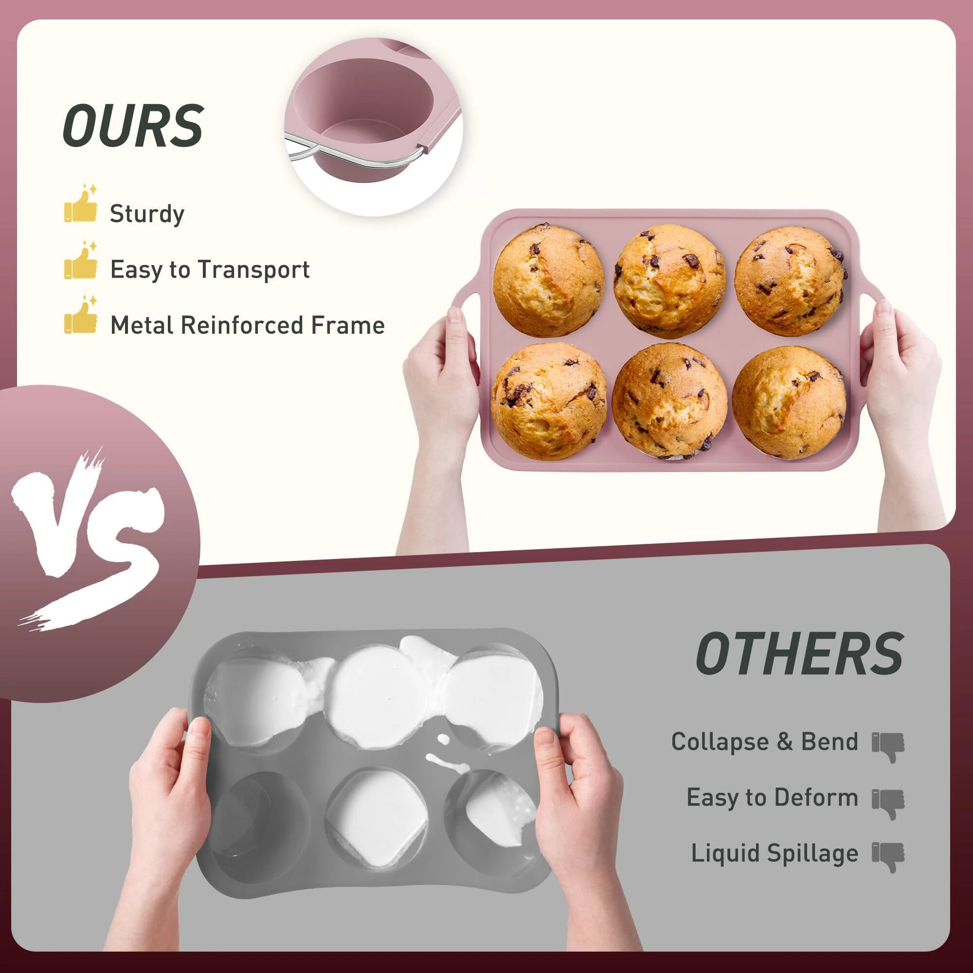 2 Packs 6 Cups Silicone Muffin Pan with Metal Reinforced Frame Jumbo Size Cupcake Pan Tray Egg Bites Silicone Circle Cookie Molds Muffin Tin Tart Pans Baking Sheet Set for Breakfast Sandwiches - Image 7