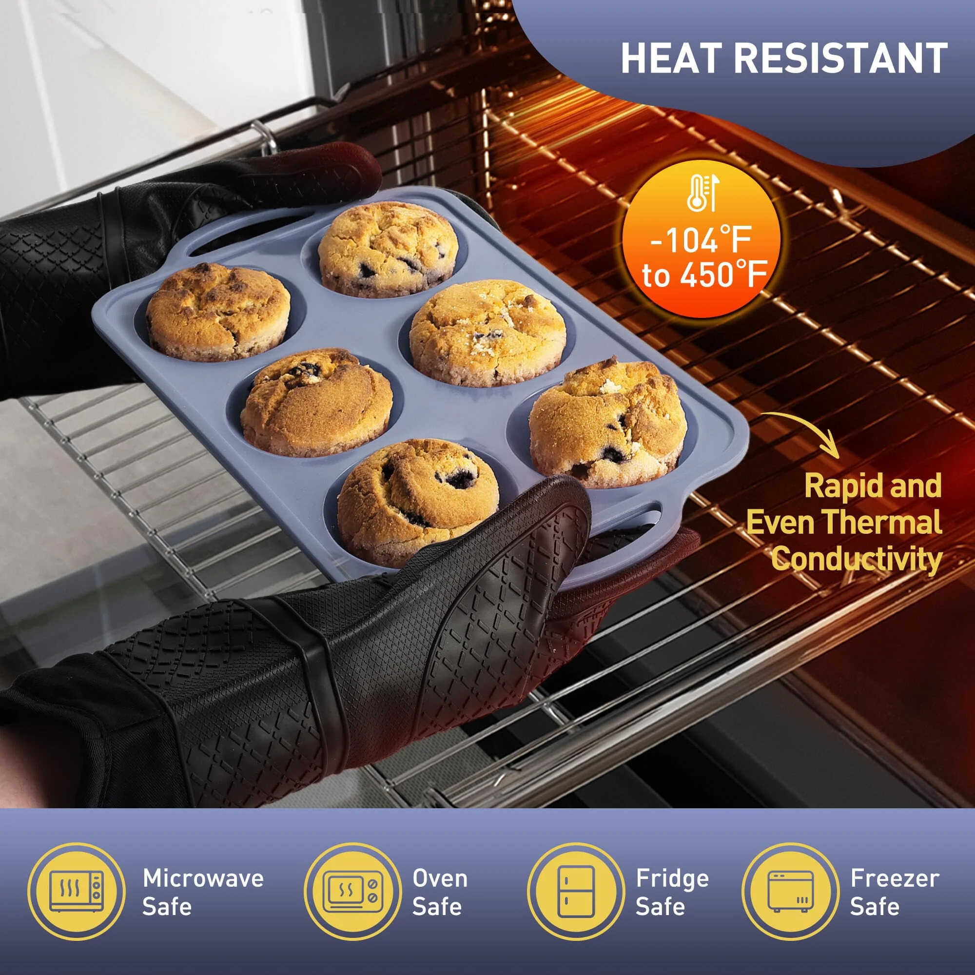 2 Packs 6 Cups Silicone Muffin Pan with Metal Reinforced Frame Jumbo Size Cupcake Pan Tray Egg Bites Silicone Circle Round Cookie Molds Muffin Tin Tall Tart Pans Baking Sheet Breakfast Sandwiches - Image 5