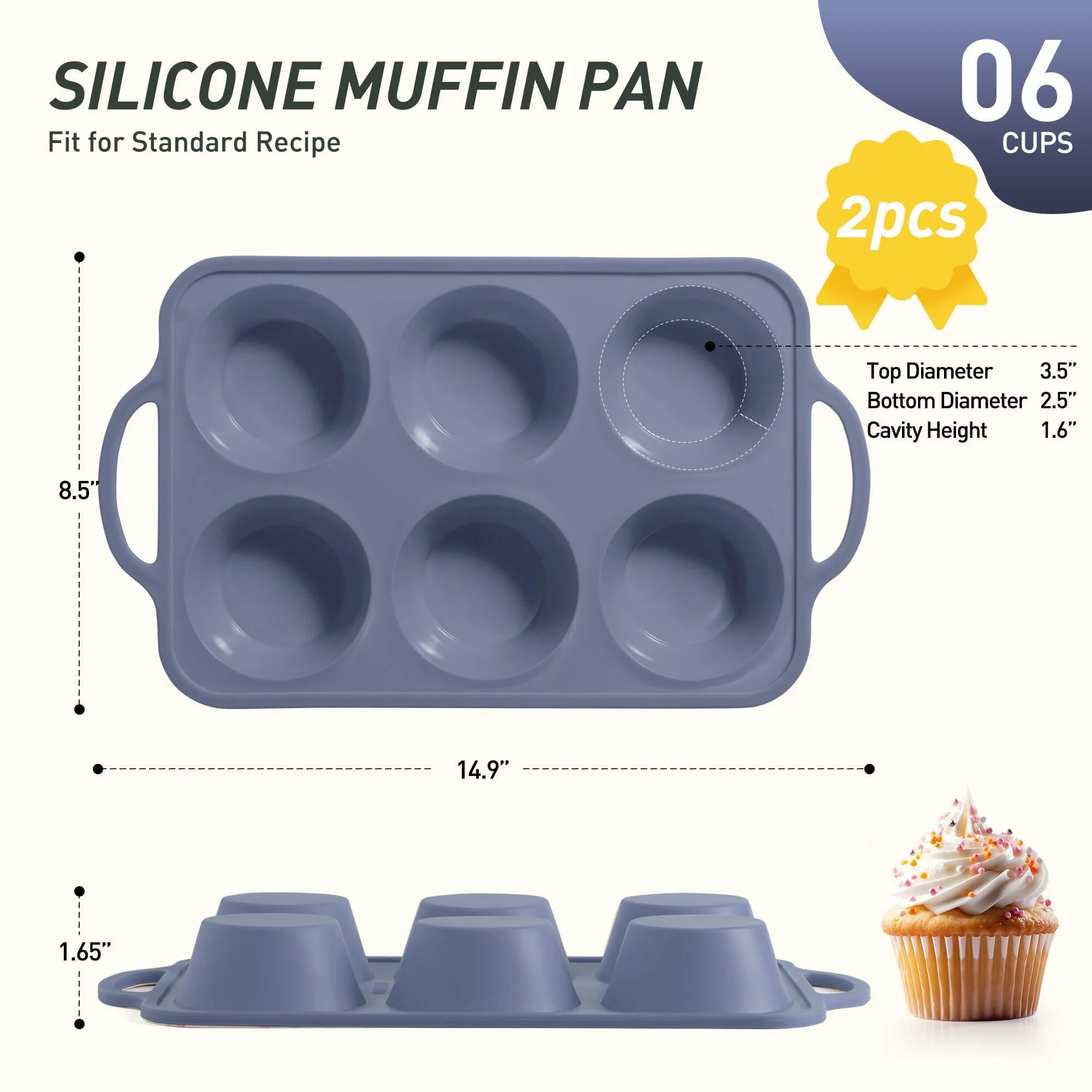 2 Packs 6 Cups Silicone Muffin Pan with Metal Reinforced Frame Jumbo Size Cupcake Pan Tray Egg Bites Silicone Circle Round Cookie Molds Muffin Tin Tall Tart Pans Baking Sheet Breakfast Sandwiches - Image 8