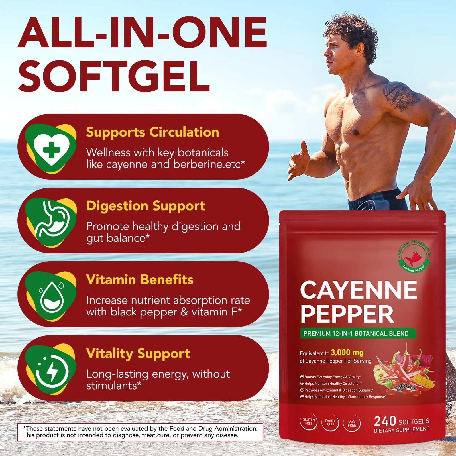 2 PCS Cayenne Pepper Softgels Supplement | 12-in-1 3000mg per Serving with Vitamins D3, K2 & E | Supports Healthy Circulation & Daily Energy | Features Hawthorn, Beetroot & Turmeric | 240 Capsules - Image 2