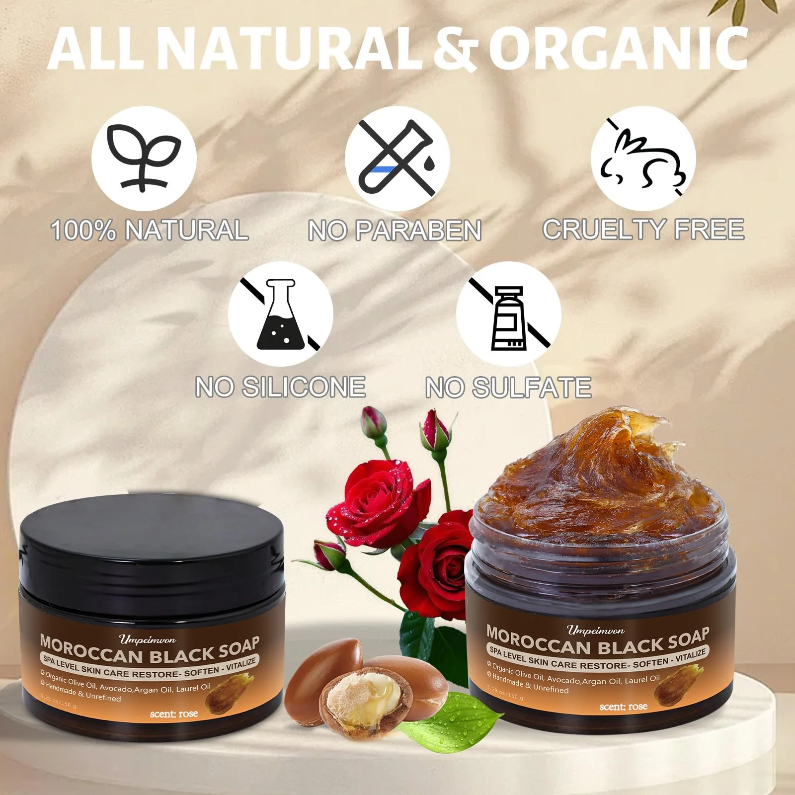 2 PCS Moroccan Black Soap with Argan and Rose Oil, SPA Level Handmade Black Beldi Soap Exfoliating and Softening, Natural and Organic for Face, Body, Hair and Shave, Rose Scent, 5.29 oz/150 g - Image 2