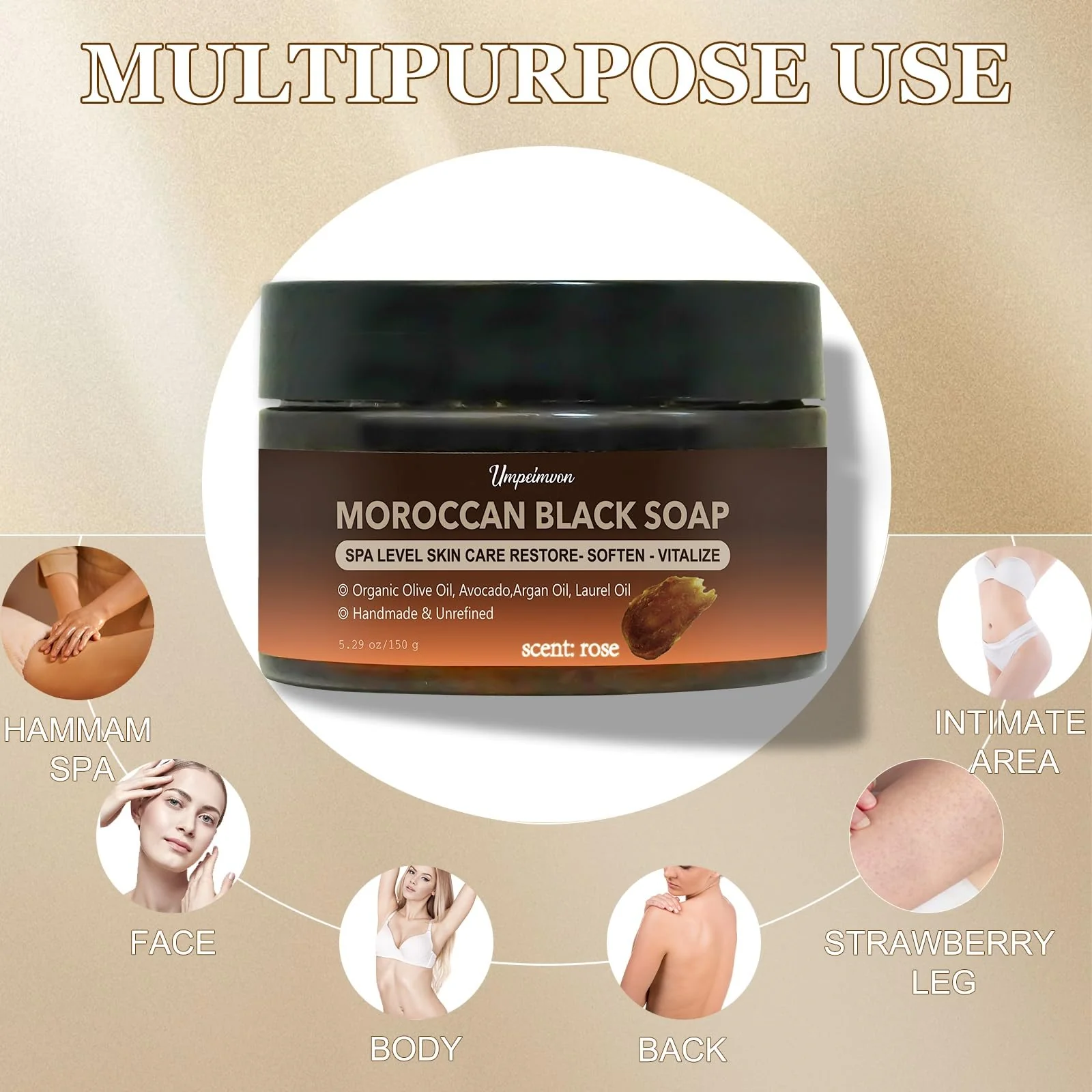 2 PCS Moroccan Black Soap with Argan and Rose Oil, SPA Level Handmade Black Beldi Soap Exfoliating and Softening, Natural and Organic for Face, Body, Hair and Shave, Rose Scent, 5.29 oz/150 g - Image 3