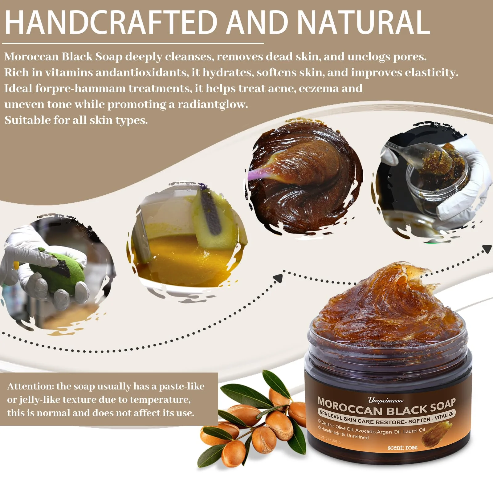 2 PCS Moroccan Black Soap with Argan and Rose Oil, SPA Level Handmade Black Beldi Soap Exfoliating and Softening, Natural and Organic for Face, Body, Hair and Shave, Rose Scent, 5.29 oz/150 g - Image 8