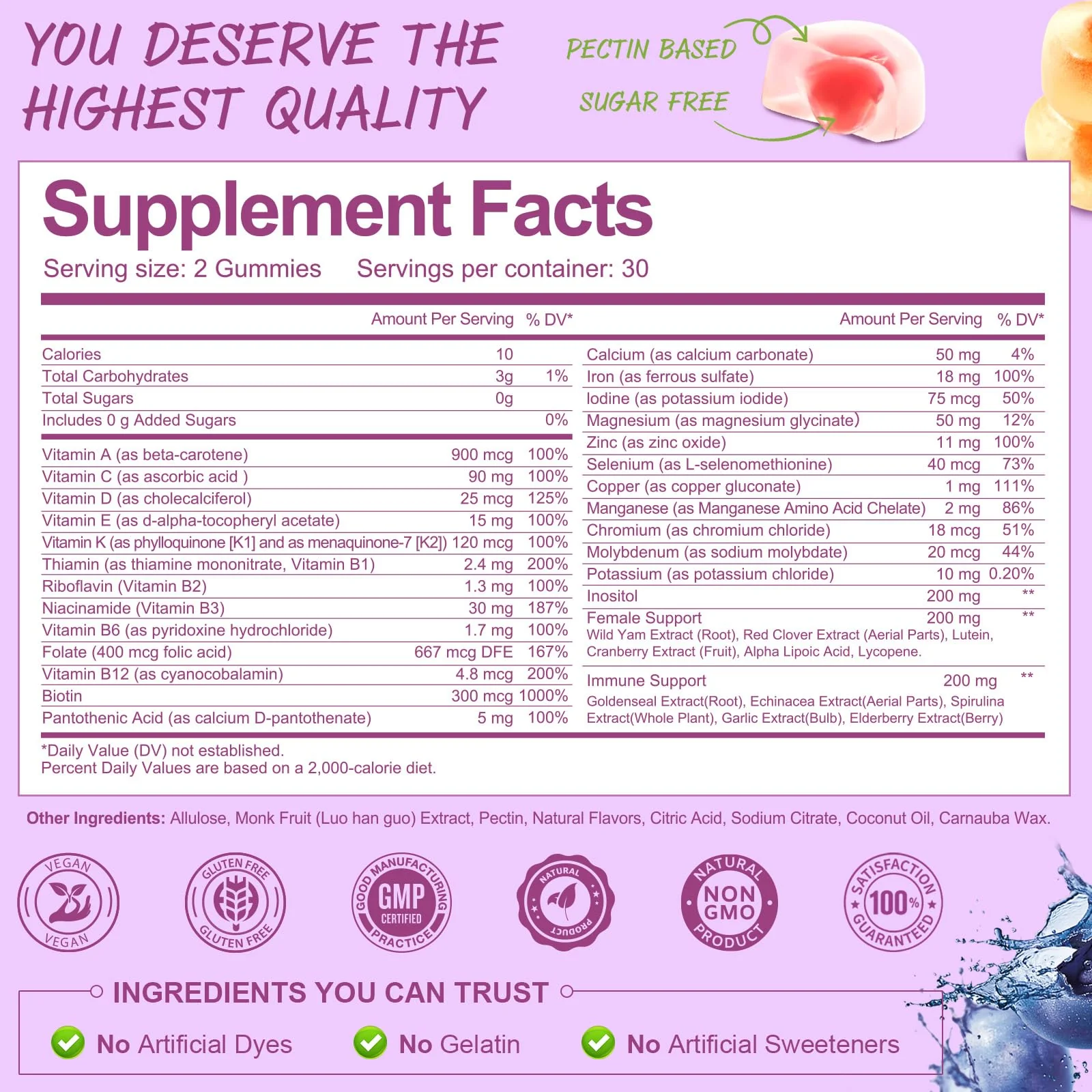 (2 Pcs) Totaria Sugar Free Multivitamin Gummies for Women 14+ w/Iron, Inositol, Folate, Biotin, Womens Daily Multivitamin Gummy w/Vitamin A, C, B, D3, K2, for Hair, Skin, Energy, Immune, Mixed Flavors - Image 3