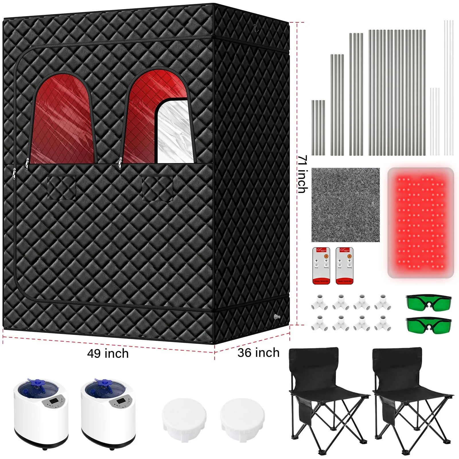 2 Person Infrared Sauna Box for Home, Portable Steam Sauna Room with 660nm+850nm Red Light Therapy Lamp, 5-Layer Waterproof, 2 Steamers, 2 Folding Chair, 2 People Red Light Sauna - Image 3