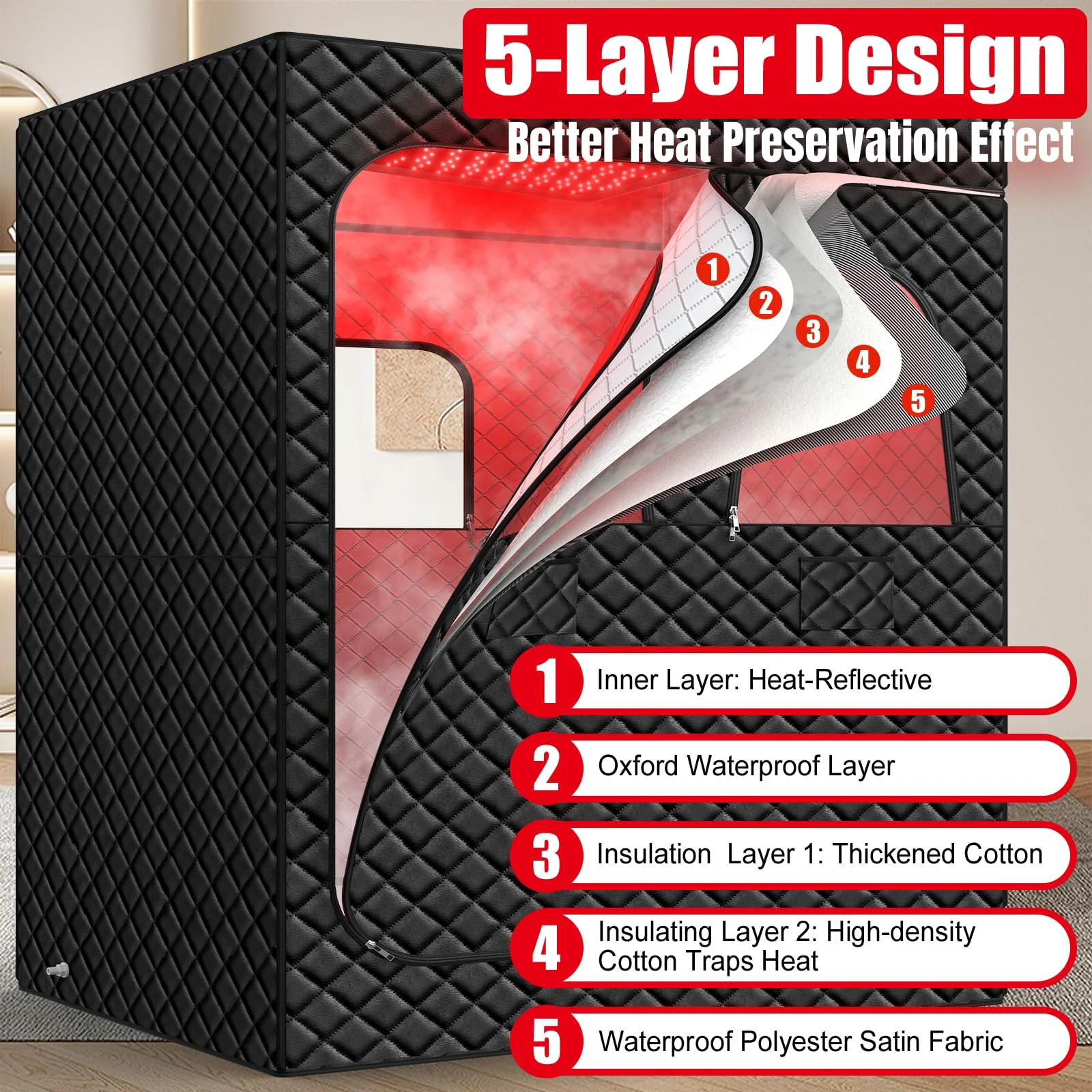 2 Person Infrared Sauna Box for Home, Portable Steam Sauna Room with 660nm+850nm Red Light Therapy Lamp, 5-Layer Waterproof, 2 Steamers, 2 Folding Chair, 2 People Red Light Sauna - Image 4